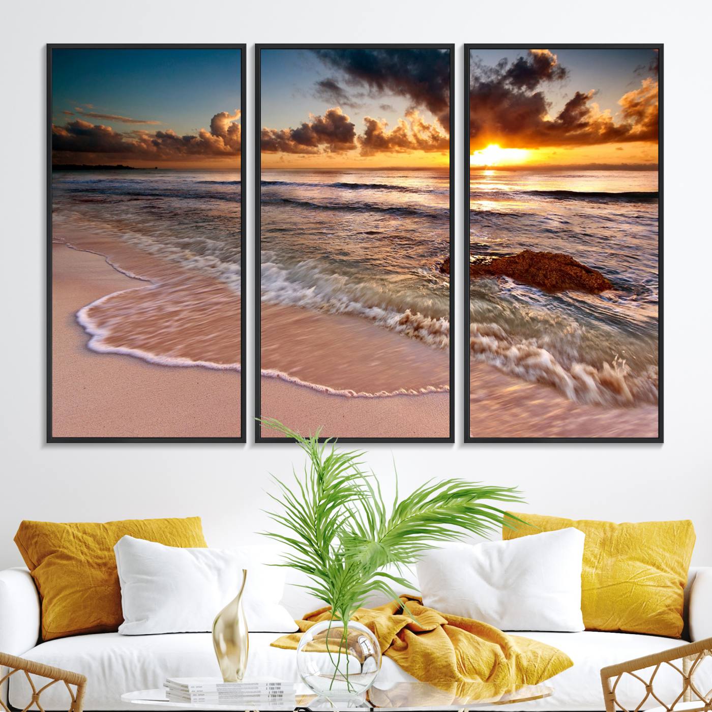 38302-MGV-FC-48X32-3P_Black-Sunset Beach Canvas Wall Art – Serene Ocean Waves Triptych – Coastal Sunset Decor for Living Room or