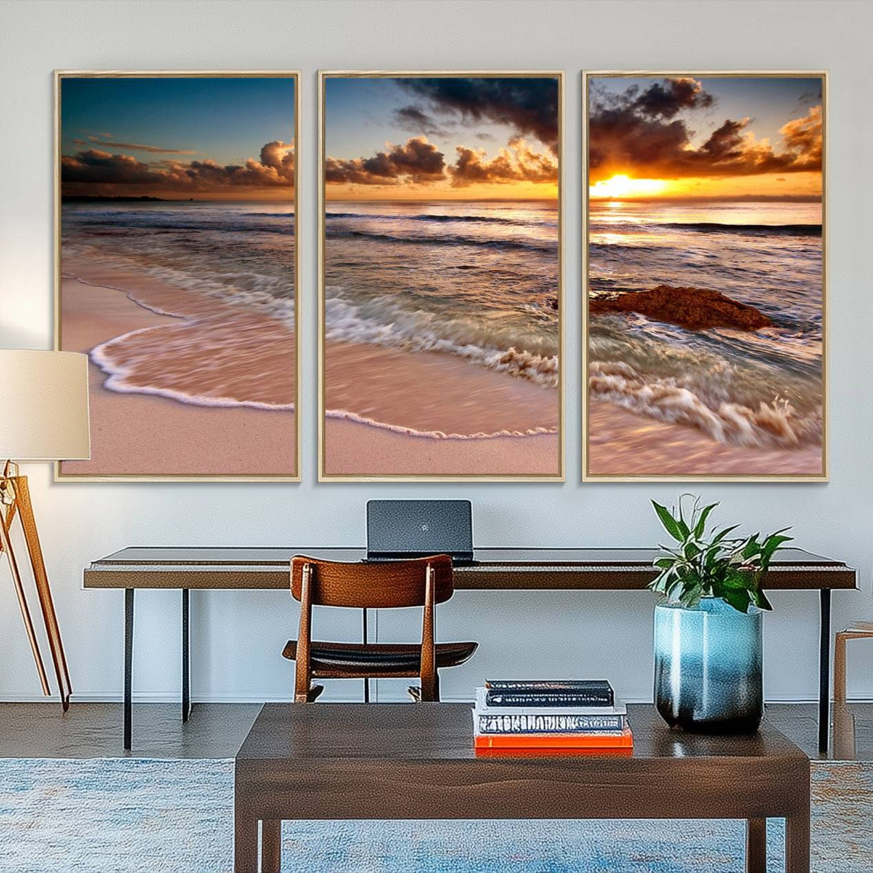 38302-MGV-FC-48X32-3P_Natural-Sunset Beach Canvas Wall Art – Serene Ocean Waves Triptych – Coastal Sunset Decor for Living Room or