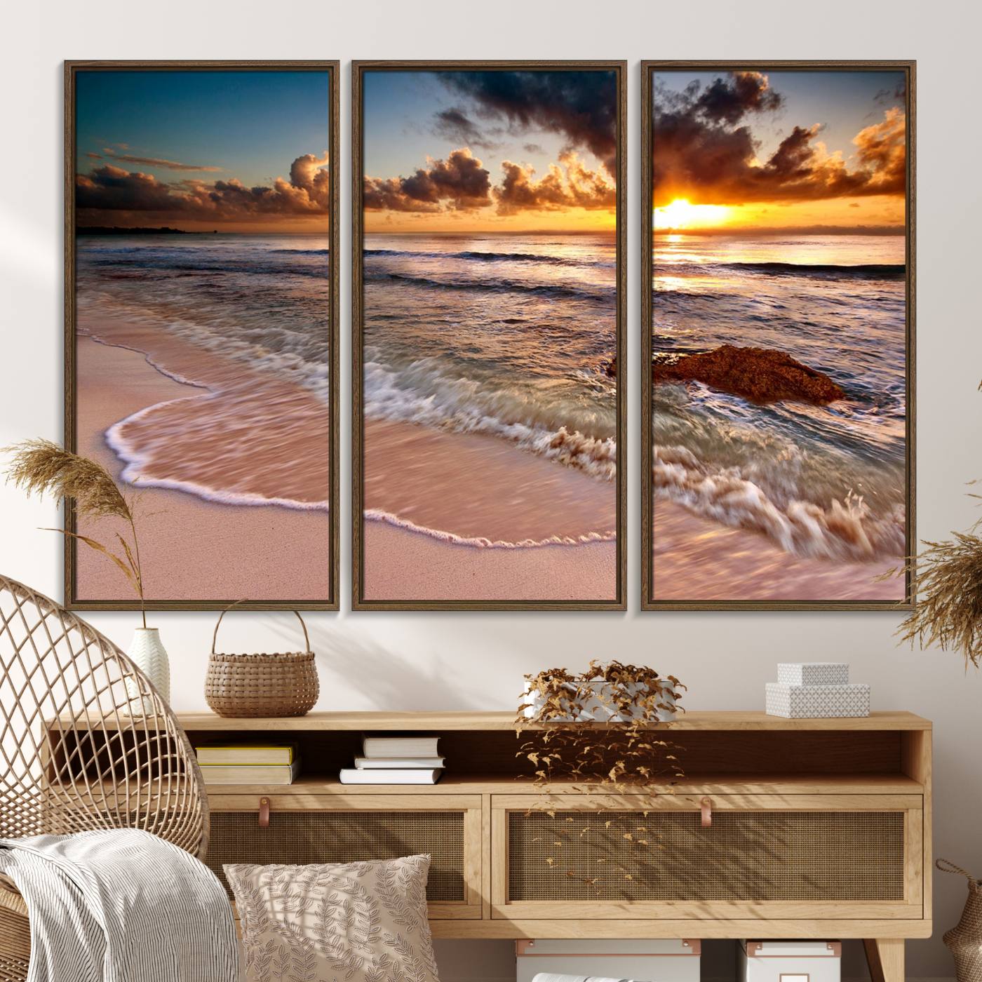 38302-MGV-FC-48X32-3P_Walnut-Sunset Beach Canvas Wall Art – Serene Ocean Waves Triptych – Coastal Sunset Decor for Living Room or