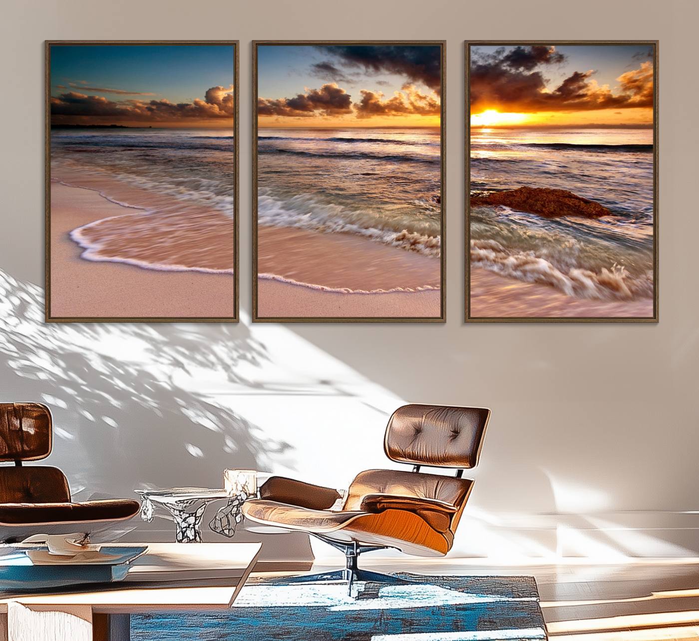 38302-MGV-FC-60X30-3P_Walnut-Sunset Beach Canvas Wall Art – Serene Ocean Waves Triptych – Coastal Sunset Decor for Living Room or