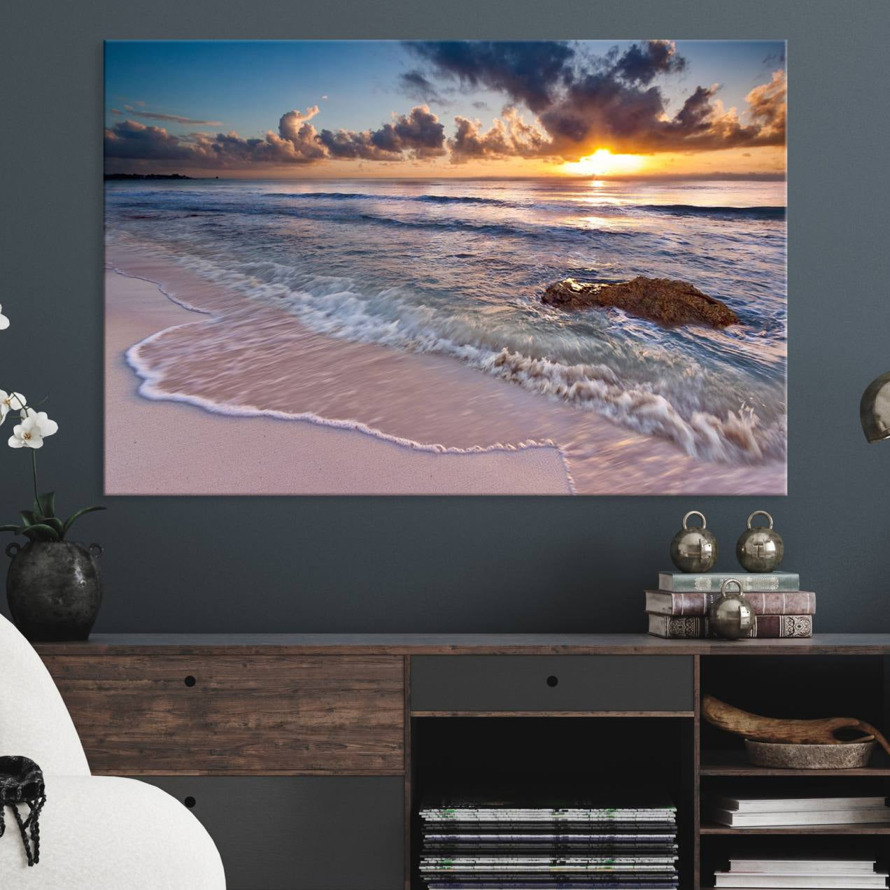 -Sunset Beach Waves Canvas Wall Art – Triptych Ocean Print – Coastal Sunset Decor for Living Room or