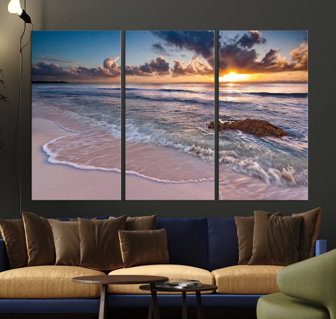 -Sunset Beach Waves Canvas Wall Art – Triptych Ocean Print – Coastal Sunset Decor for Living Room or