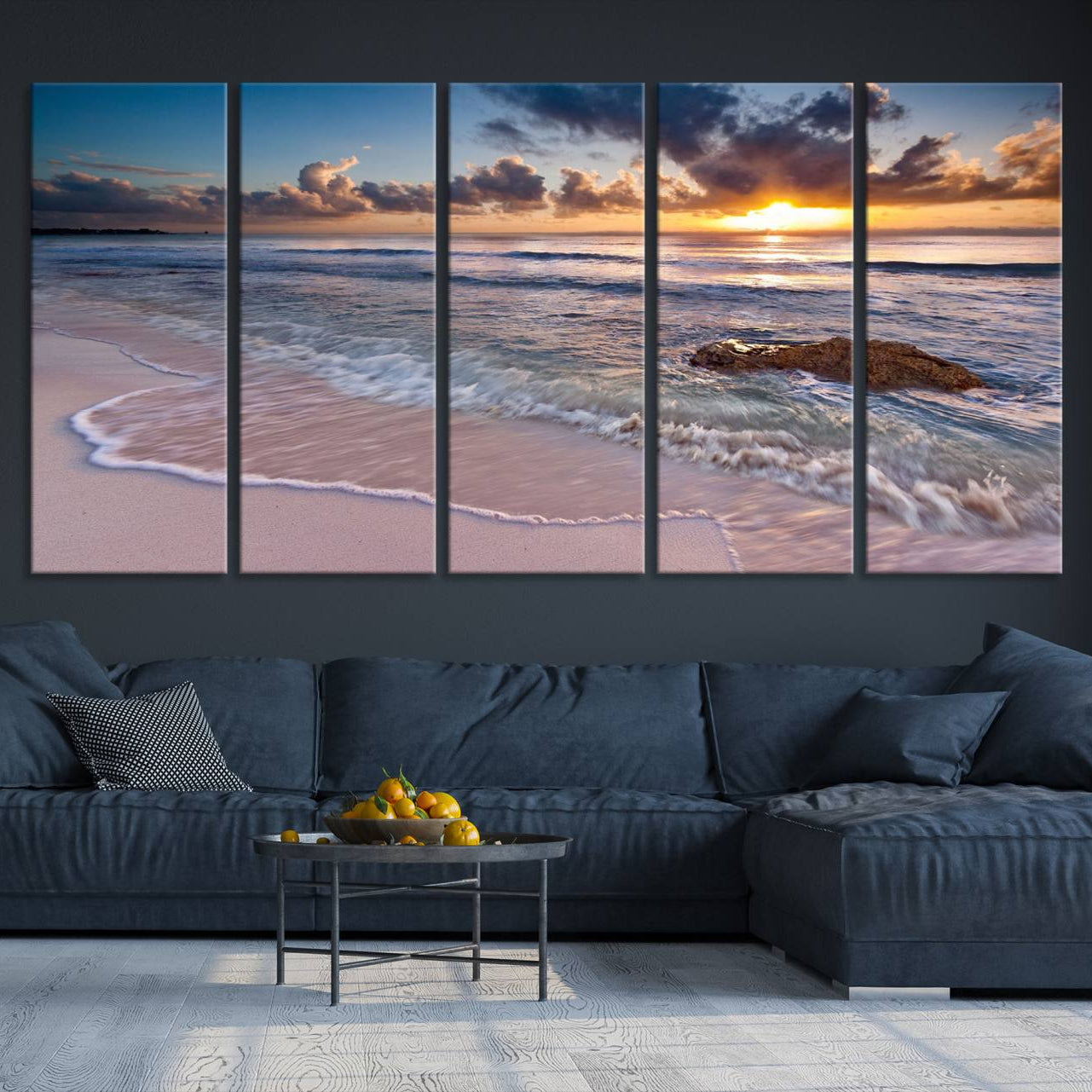 -Sunset Beach Waves Canvas Wall Art – Triptych Ocean Print – Coastal Sunset Decor for Living Room or