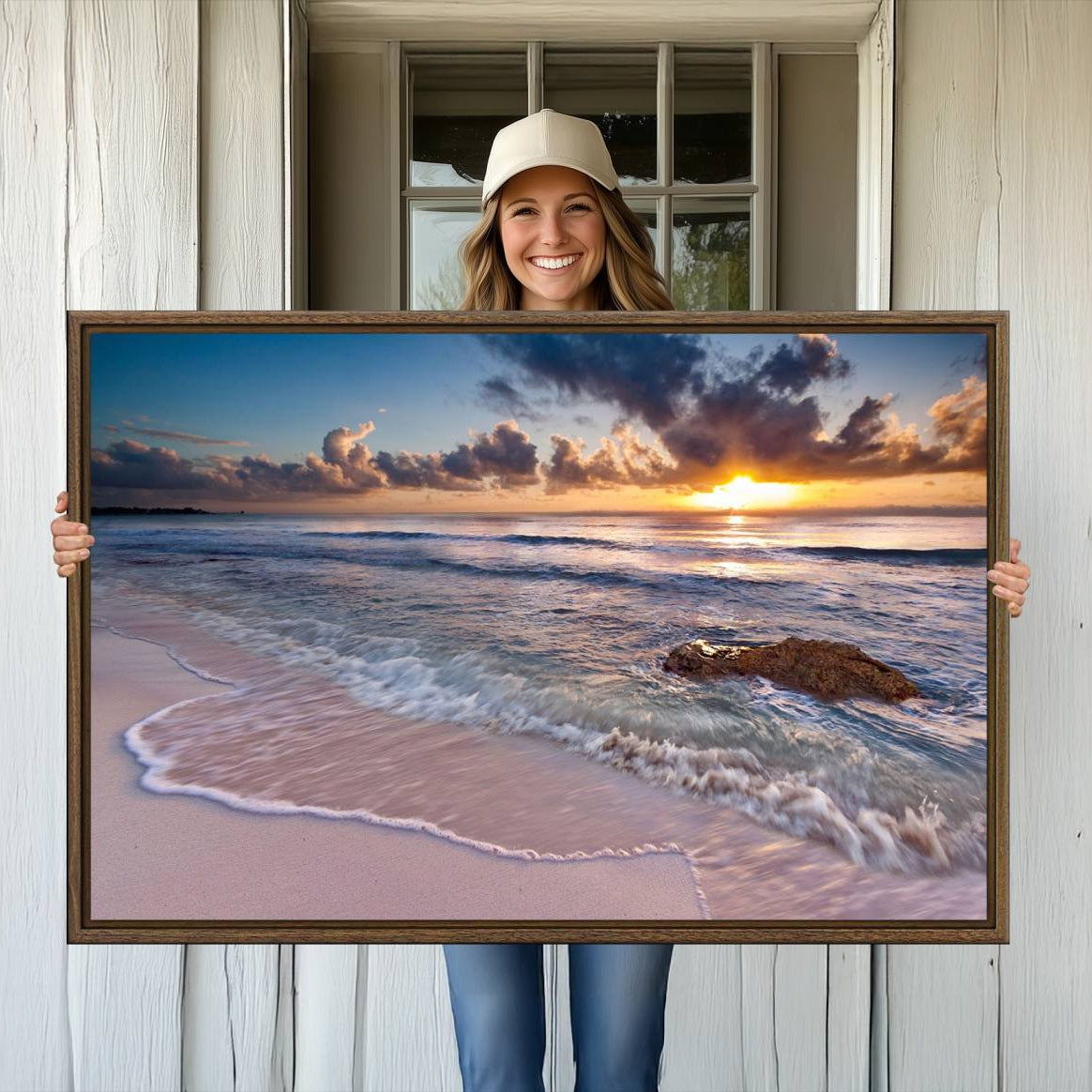 -Sunset Beach Waves Canvas Wall Art – Triptych Ocean Print – Coastal Sunset Decor for Living Room or