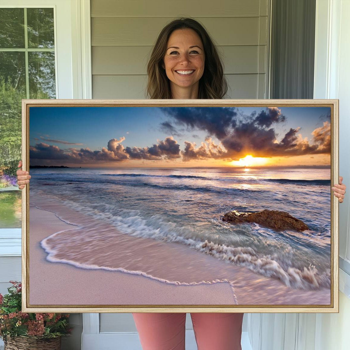 -Sunset Beach Waves Canvas Wall Art – Triptych Ocean Print – Coastal Sunset Decor for Living Room or