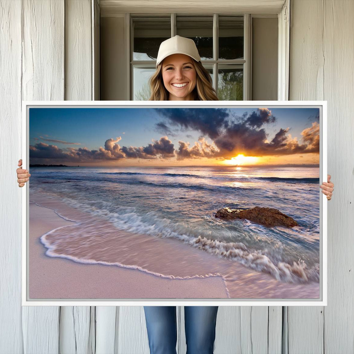 -Sunset Beach Waves Canvas Wall Art – Triptych Ocean Print – Coastal Sunset Decor for Living Room or
