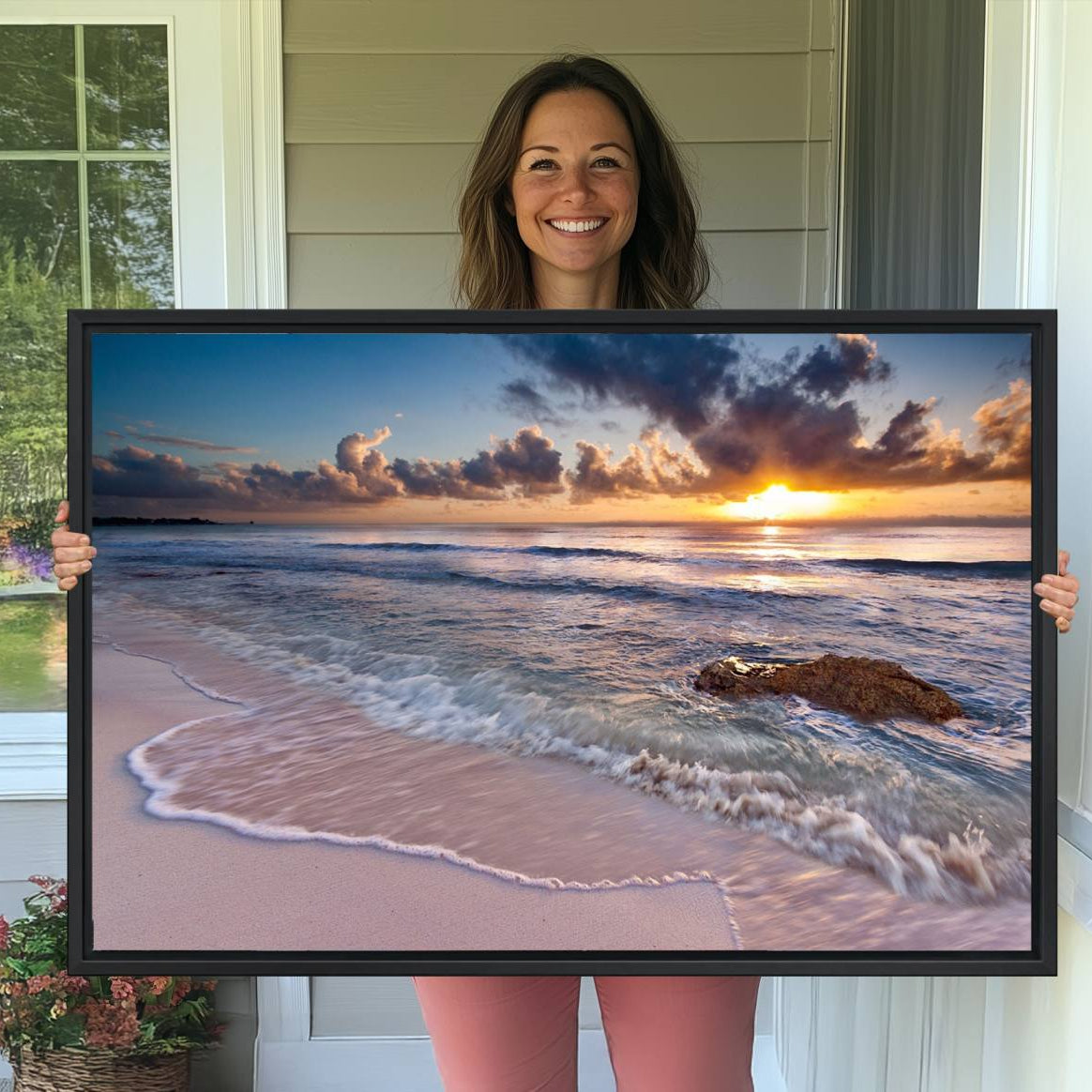 -Sunset Beach Waves Canvas Wall Art – Triptych Ocean Print – Coastal Sunset Decor for Living Room or