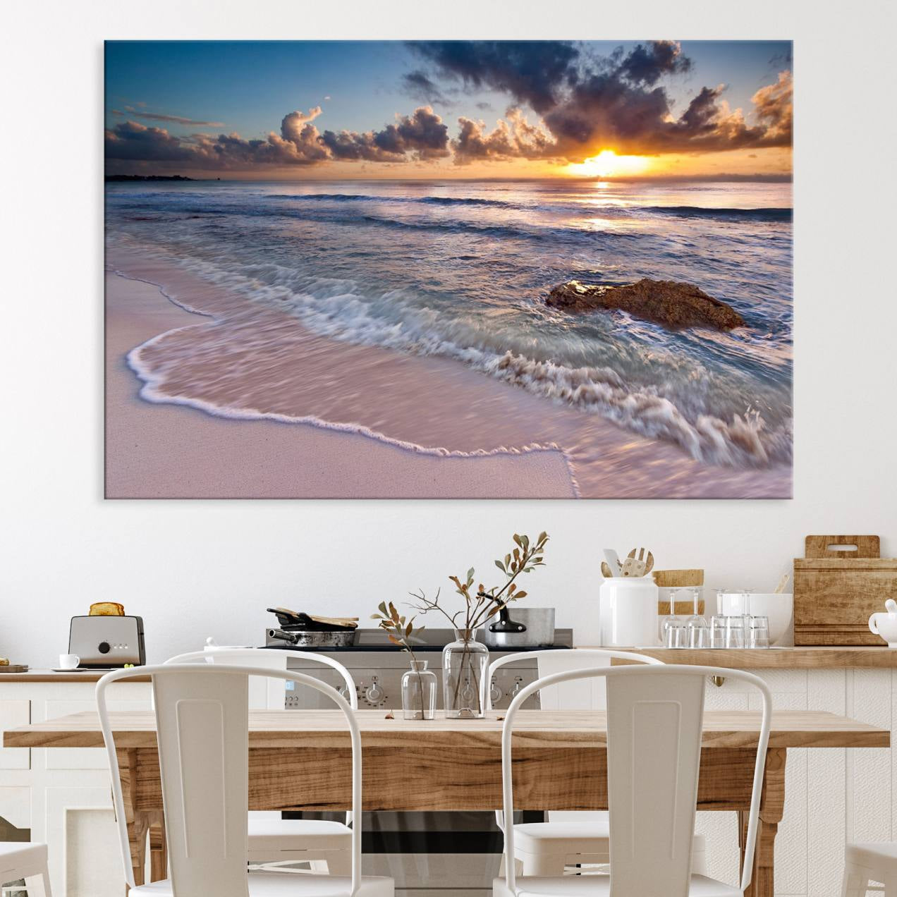 13631-MGV-CV-36X24-Sunset Beach Waves Canvas Wall Art – Triptych Ocean Print – Coastal Sunset Decor for Living Room or