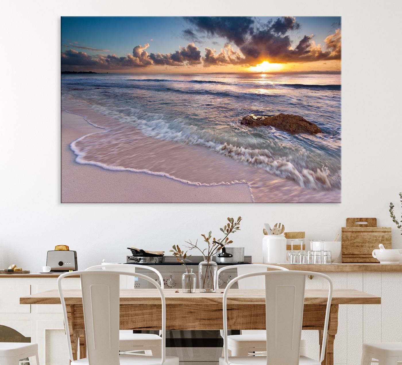 13631-MGV-CV-36X24-Sunset Beach Waves Canvas Wall Art – Triptych Ocean Print – Coastal Sunset Decor for Living Room or