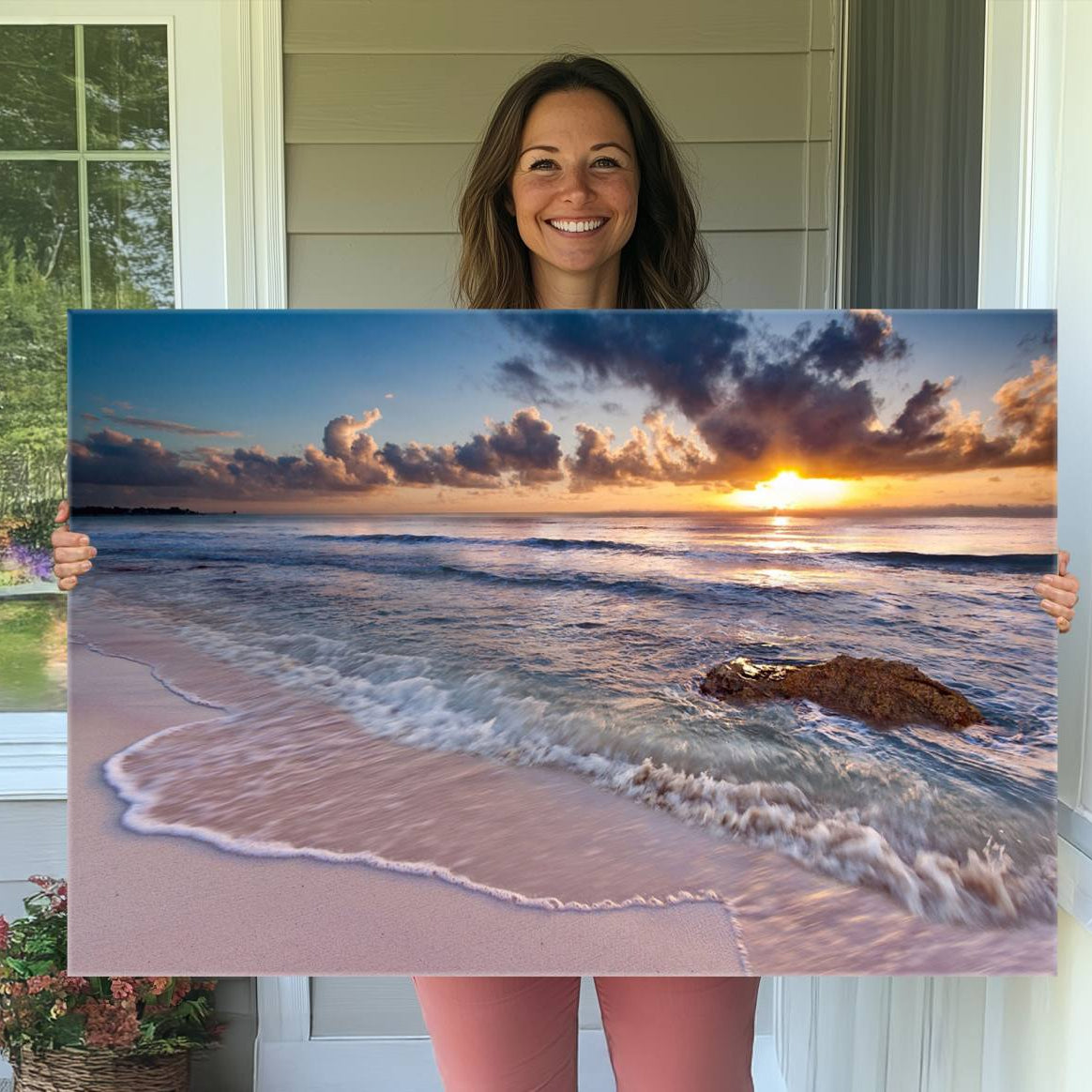 -Sunset Beach Waves Canvas Wall Art – Triptych Ocean Print – Coastal Sunset Decor for Living Room or