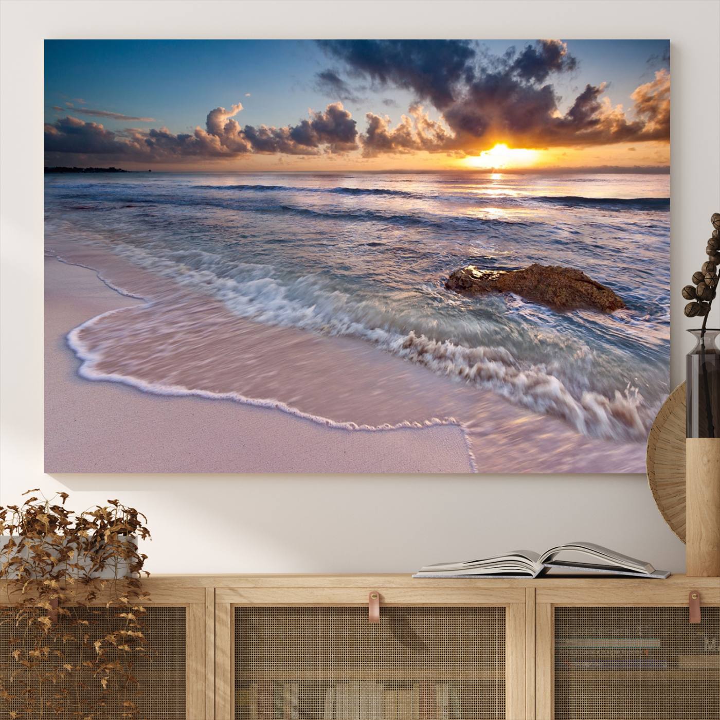 -Sunset Beach Waves Canvas Wall Art – Triptych Ocean Print – Coastal Sunset Decor for Living Room or