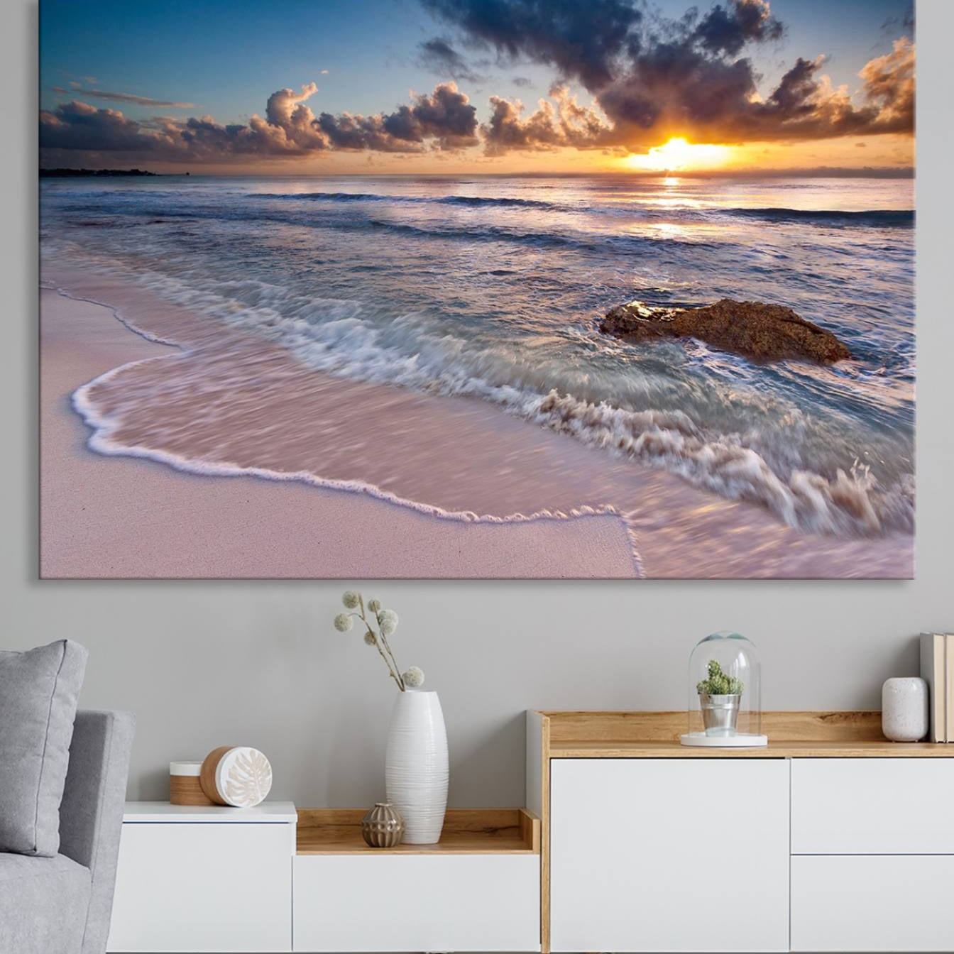 13631-MGV-CV-36X24-Sunset Beach Waves Canvas Wall Art – Triptych Ocean Print – Coastal Sunset Decor for Living Room or