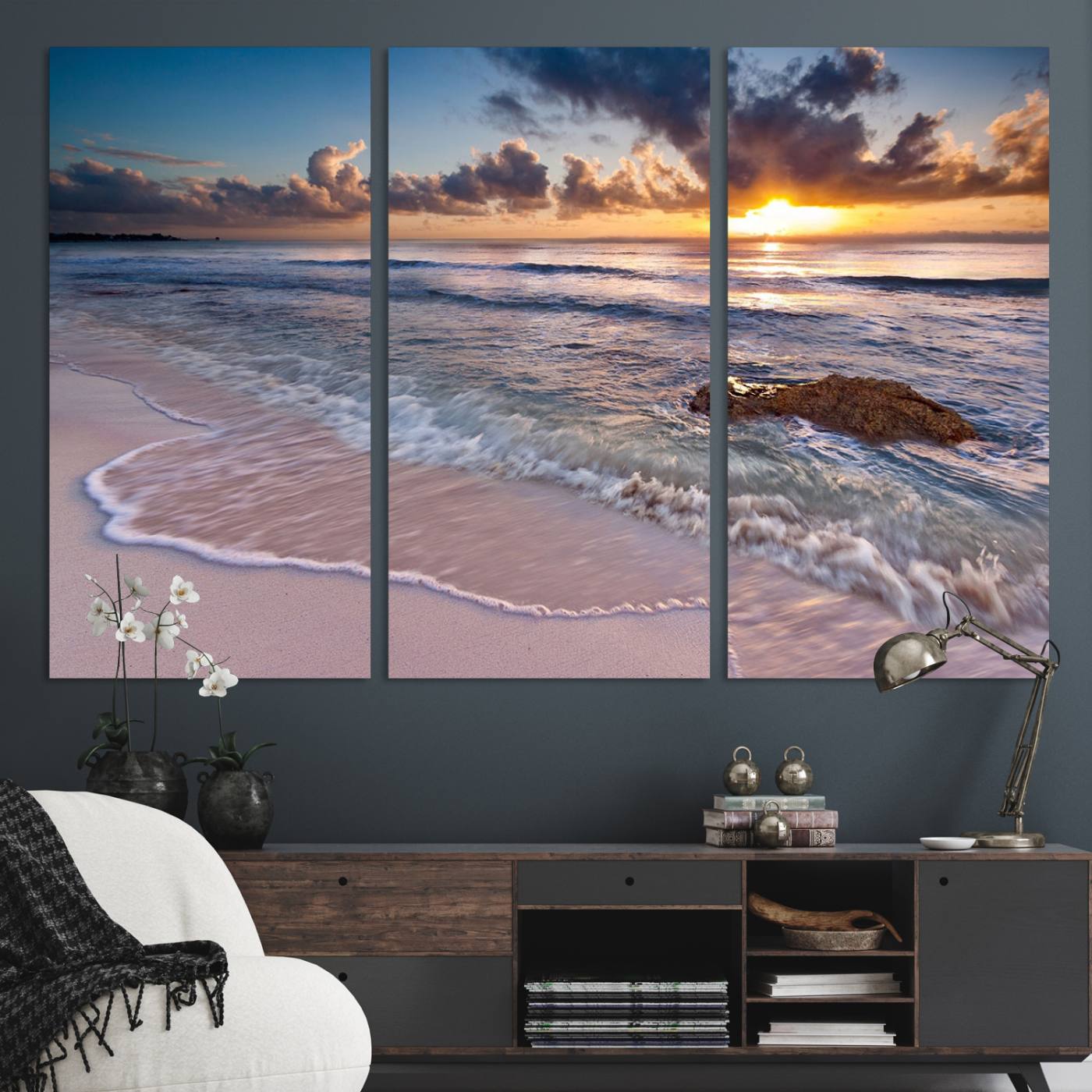 13631-MGV-CV-48X32-3P-Sunset Beach Waves Canvas Wall Art – Triptych Ocean Print – Coastal Sunset Decor for Living Room or