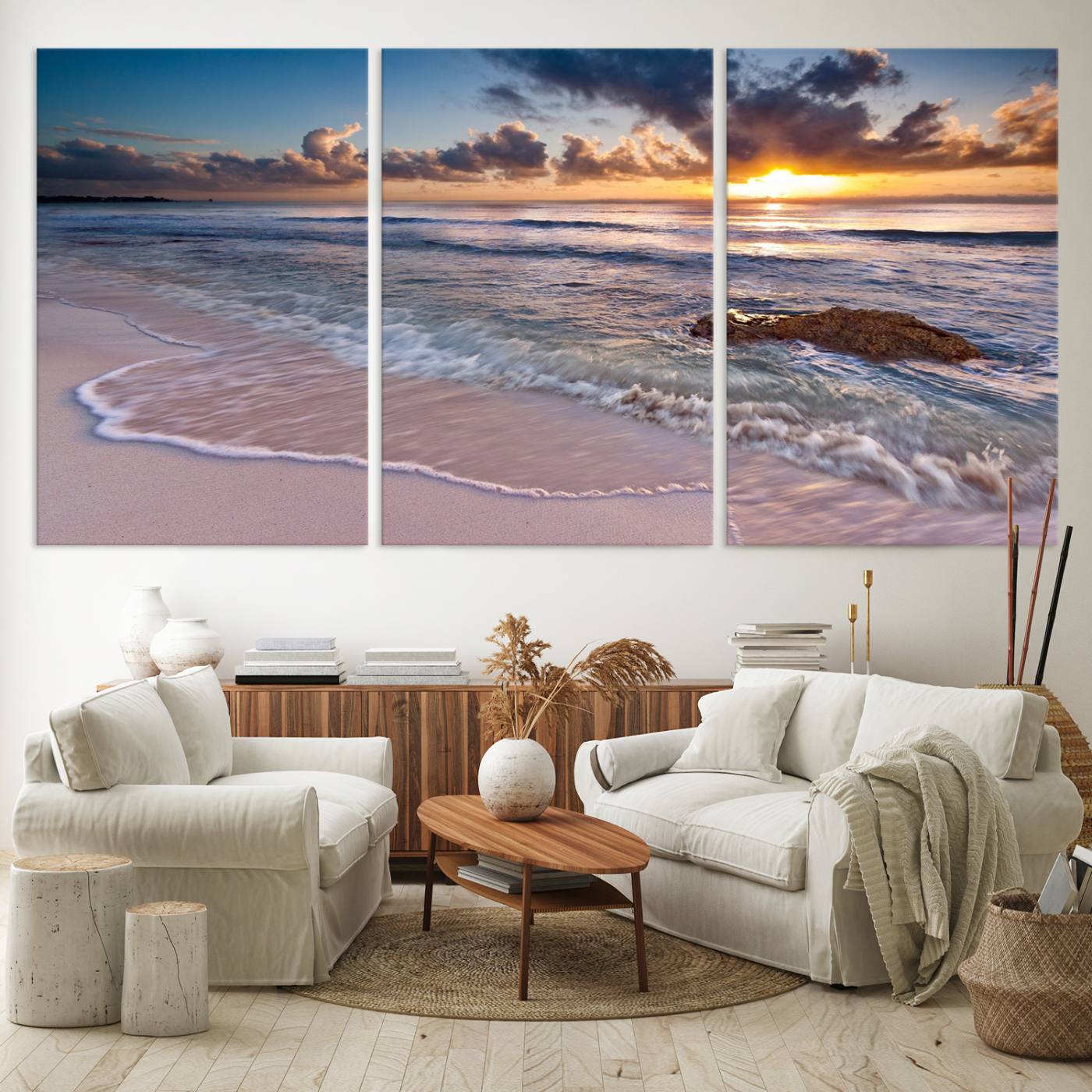 13631-MGV-CV-60X30-3P-Sunset Beach Waves Canvas Wall Art – Triptych Ocean Print – Coastal Sunset Decor for Living Room or