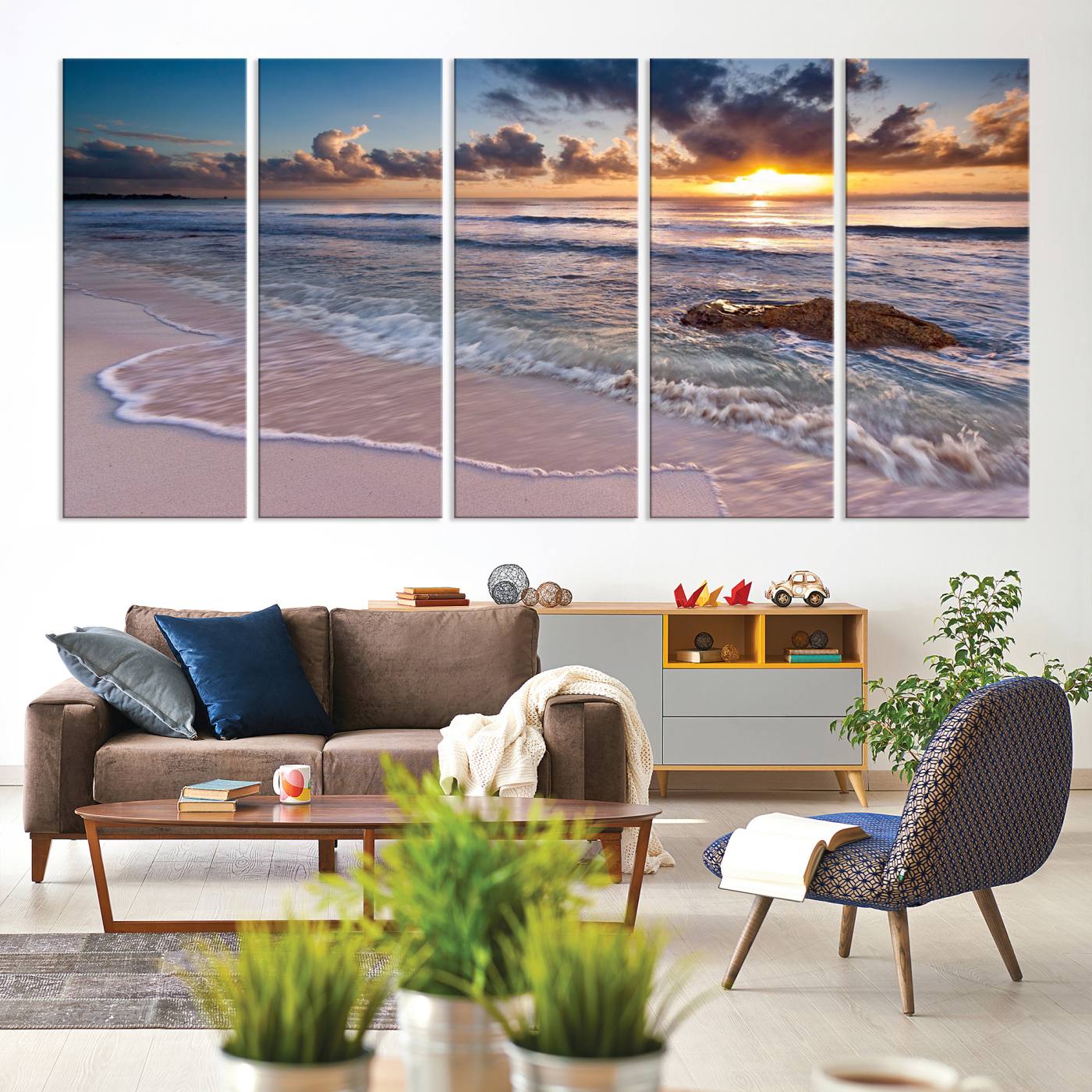 13631-MGV-CV-60X31-5P-Sunset Beach Waves Canvas Wall Art – Triptych Ocean Print – Coastal Sunset Decor for Living Room or