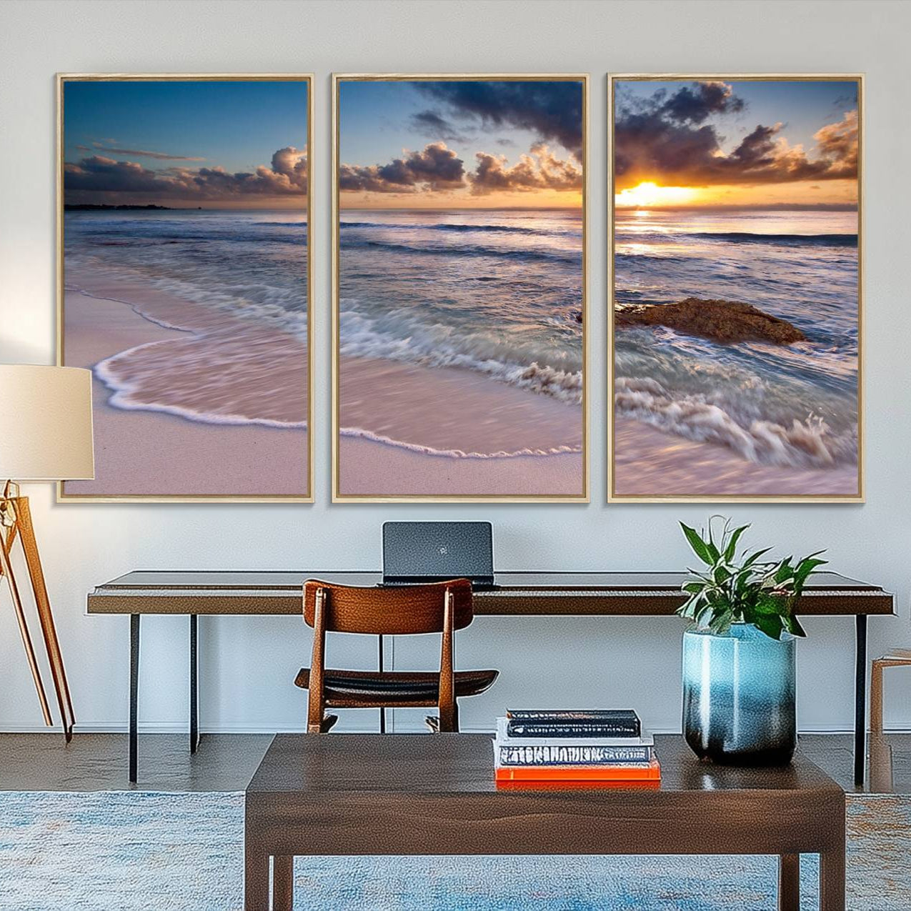 13631-MGV-FC-48X32-3P_Natural-Sunset Beach Waves Canvas Wall Art – Triptych Ocean Print – Coastal Sunset Decor for Living Room or