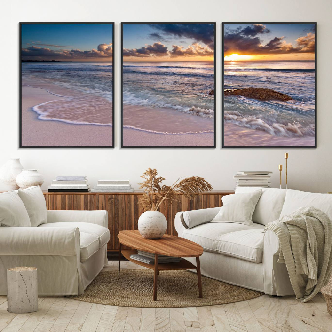 13631-MGV-FC-60X30-3P_Black-Sunset Beach Waves Canvas Wall Art – Triptych Ocean Print – Coastal Sunset Decor for Living Room or