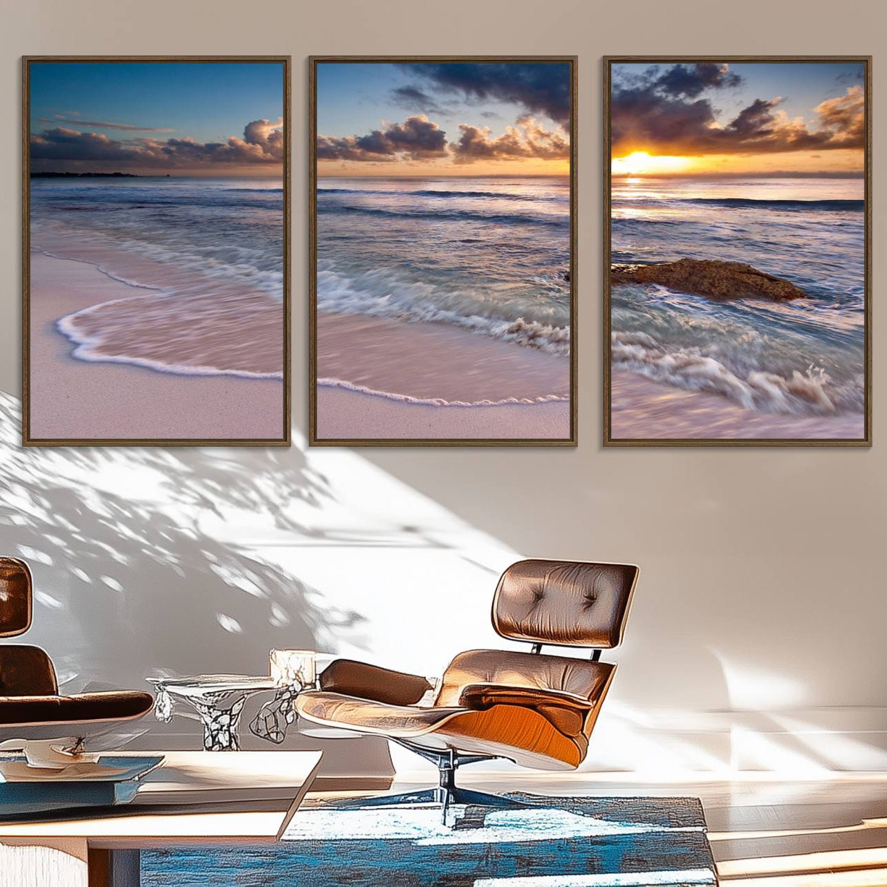 13631-MGV-FC-60X30-3P_Walnut-Sunset Beach Waves Canvas Wall Art – Triptych Ocean Print – Coastal Sunset Decor for Living Room or