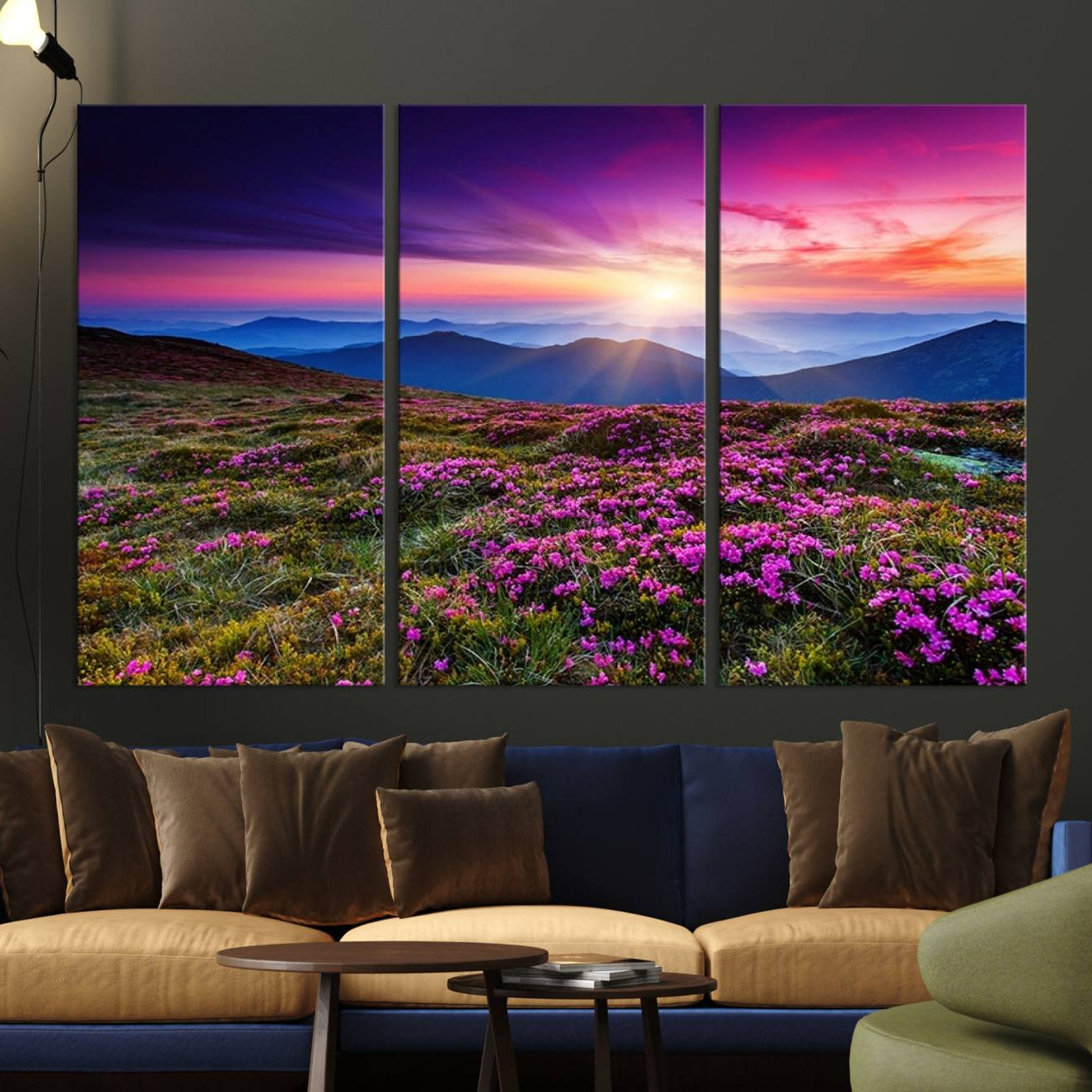 -Sunset Over Mountain Meadows With Purple Wildflowers Wall Art Canvas Print | 3-Panel Landscape