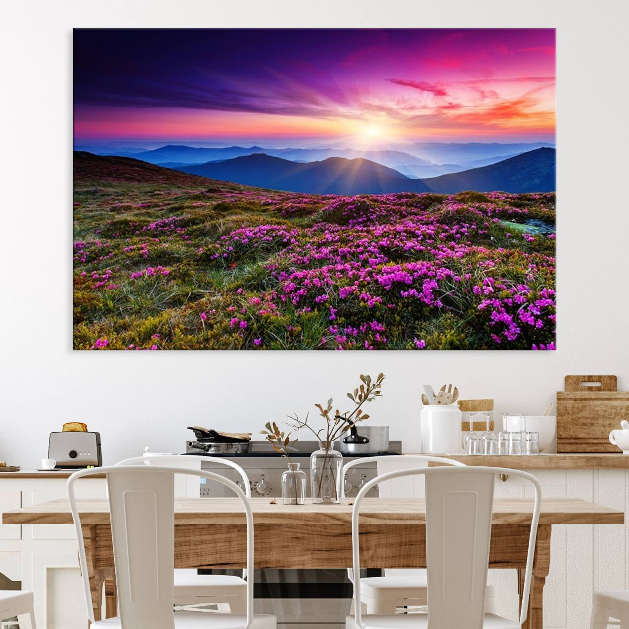 89378-MGV-CV-36X24-Sunset Over Mountain Meadows With Purple Wildflowers Wall Art Canvas Print | 3-Panel Landscape