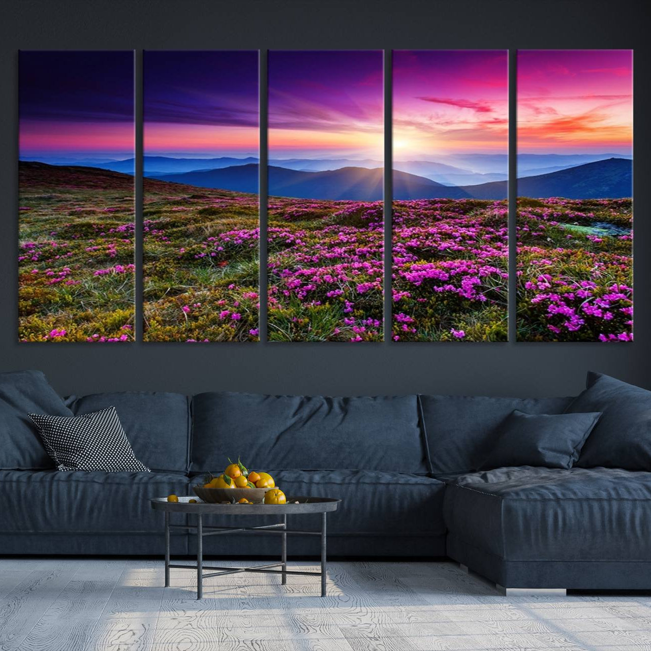 -Sunset Over Mountain Meadows With Purple Wildflowers Wall Art Canvas Print | 3-Panel Landscape