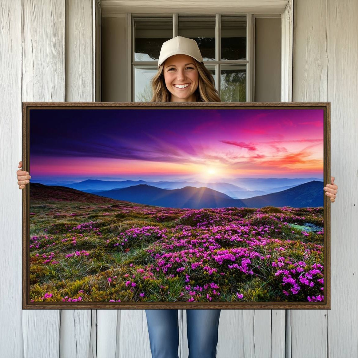 -Sunset Over Mountain Meadows With Purple Wildflowers Wall Art Canvas Print | 3-Panel Landscape