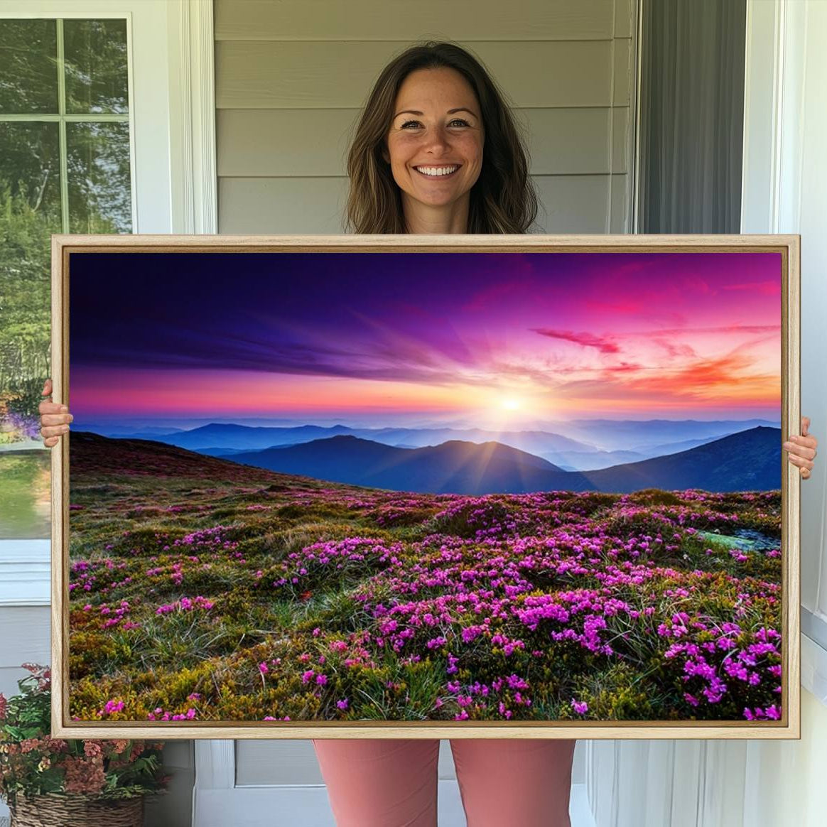 -Sunset Over Mountain Meadows With Purple Wildflowers Wall Art Canvas Print | 3-Panel Landscape