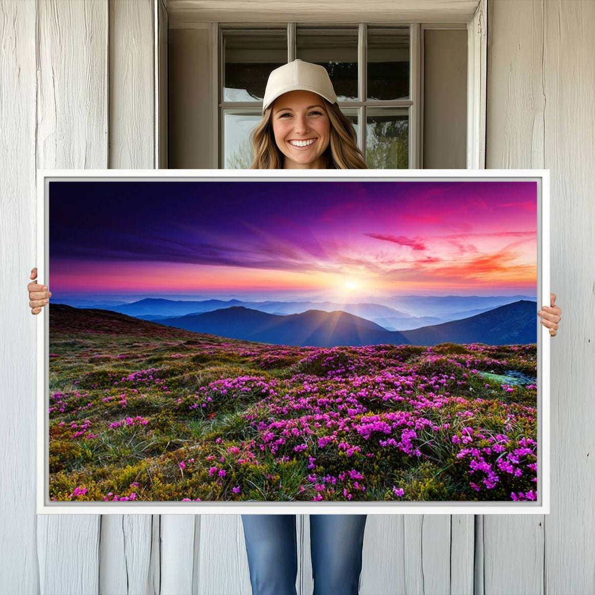 -Sunset Over Mountain Meadows With Purple Wildflowers Wall Art Canvas Print | 3-Panel Landscape