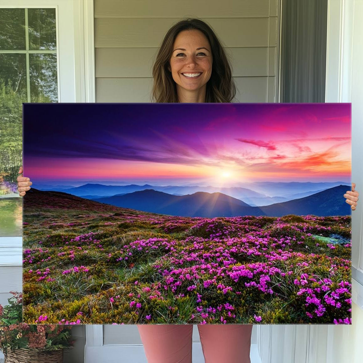 -Sunset Over Mountain Meadows With Purple Wildflowers Wall Art Canvas Print | 3-Panel Landscape