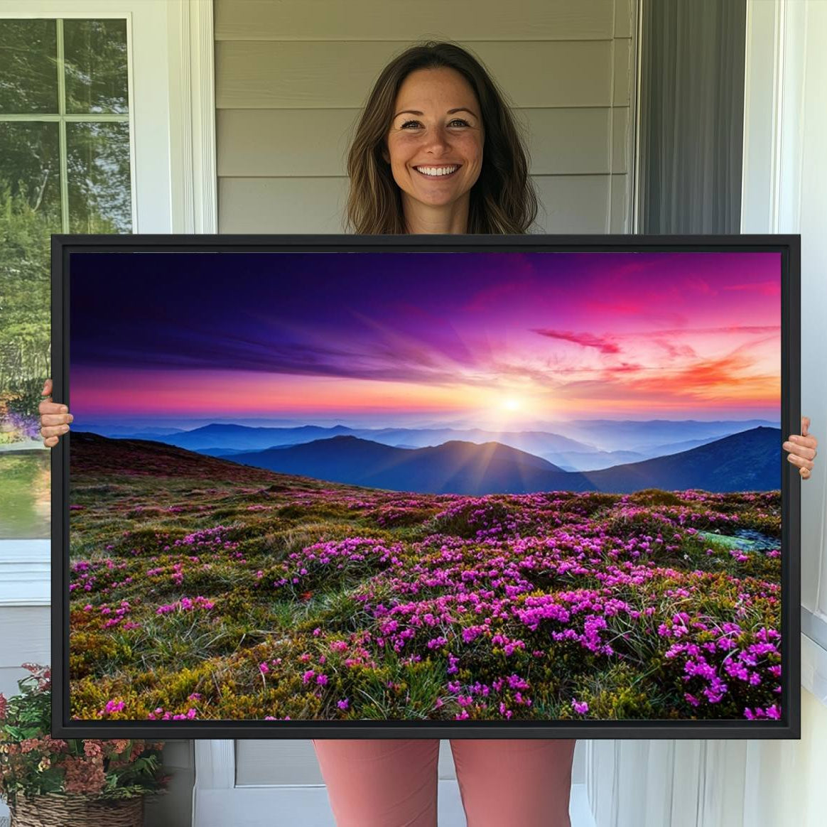 -Sunset Over Mountain Meadows With Purple Wildflowers Wall Art Canvas Print | 3-Panel Landscape