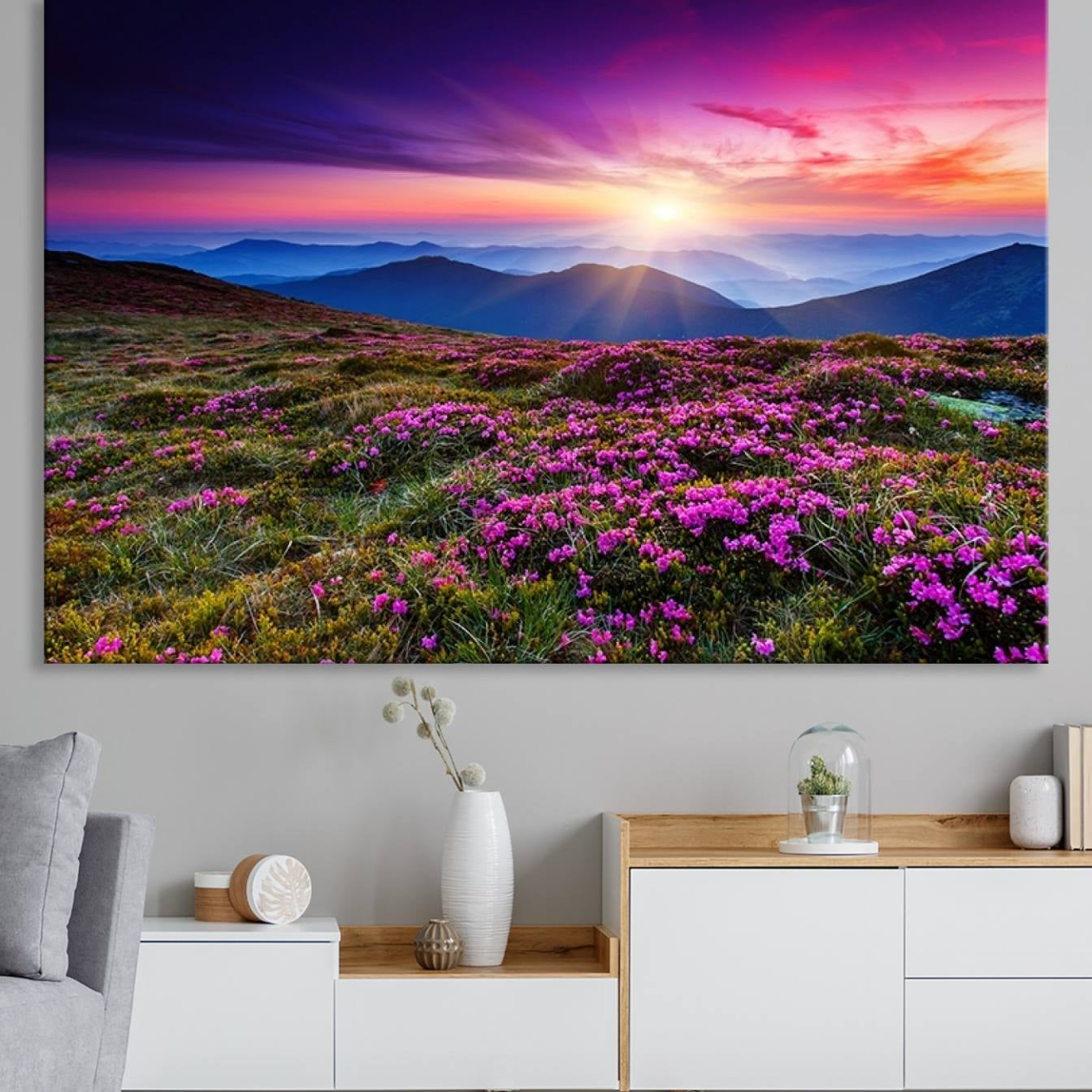 -Sunset Over Mountain Meadows With Purple Wildflowers Wall Art Canvas Print | 3-Panel Landscape