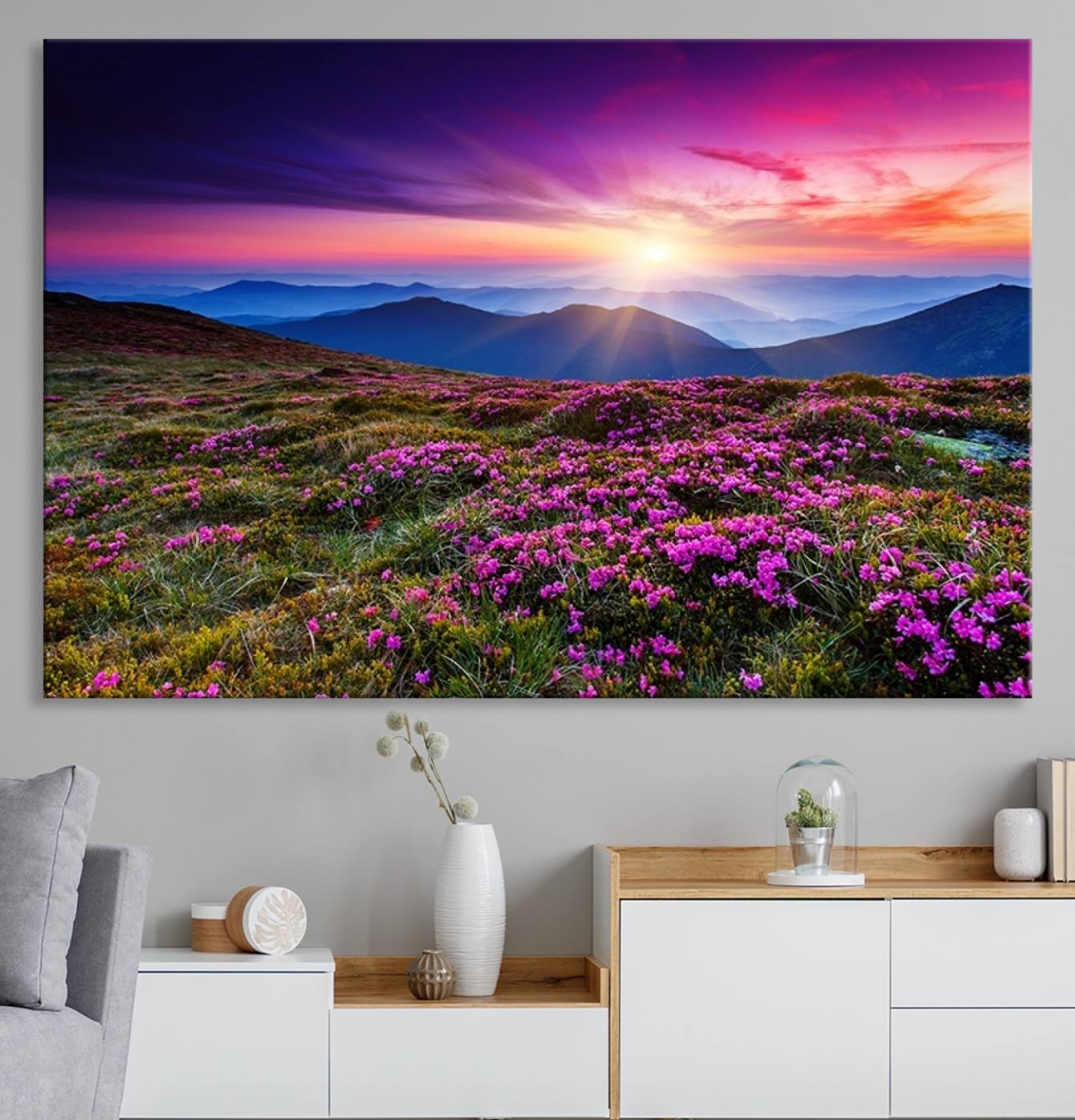-Sunset Over Mountain Meadows With Purple Wildflowers Wall Art Canvas Print | 3-Panel Landscape