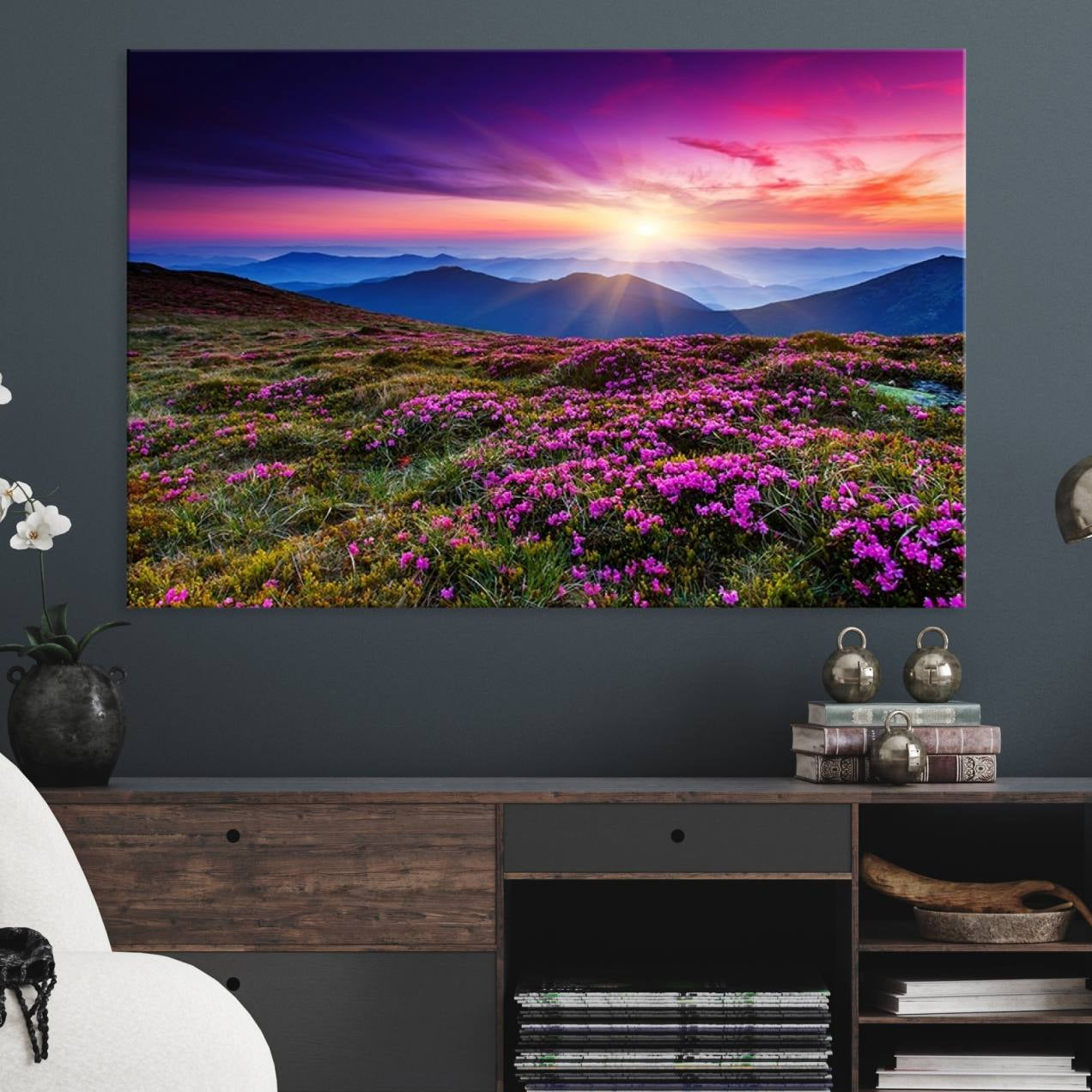 -Sunset Over Mountain Meadows With Purple Wildflowers Wall Art Canvas Print | 3-Panel Landscape