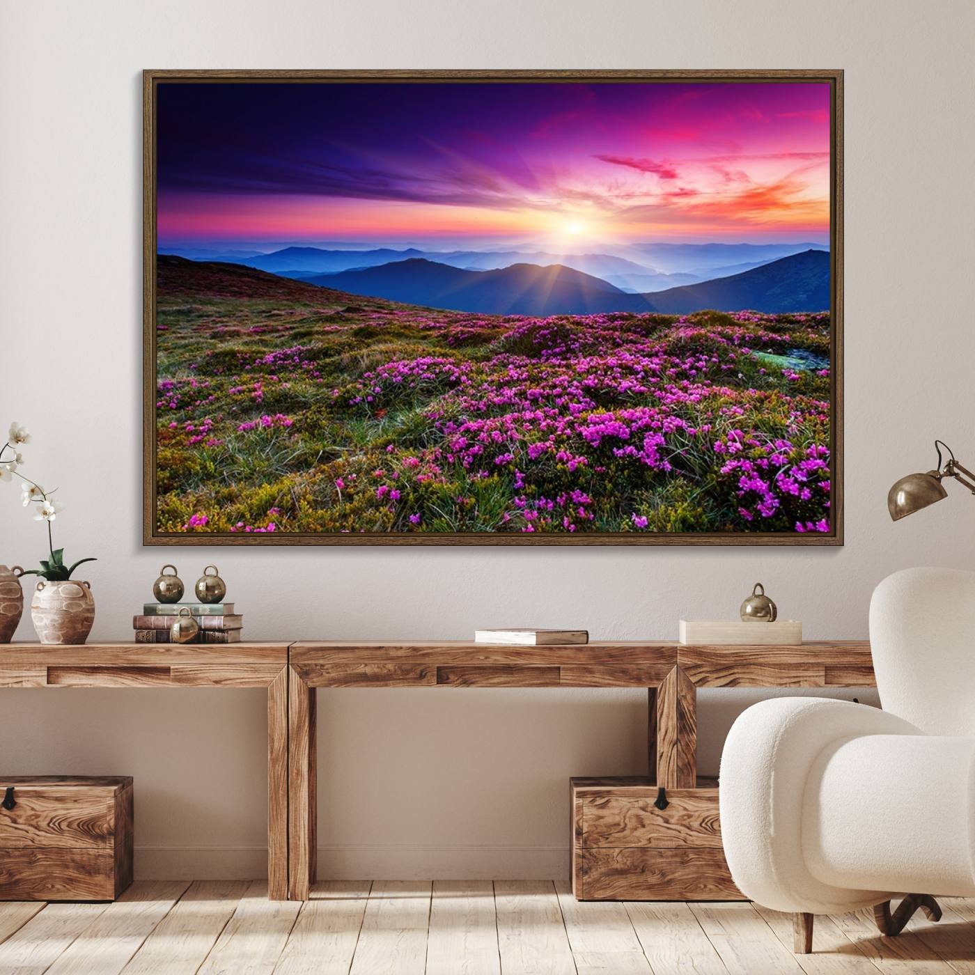 89378-MGV-FC-36X24_Walnut-Sunset Over Mountain Meadows With Purple Wildflowers Wall Art Canvas Print | 3-Panel Landscape