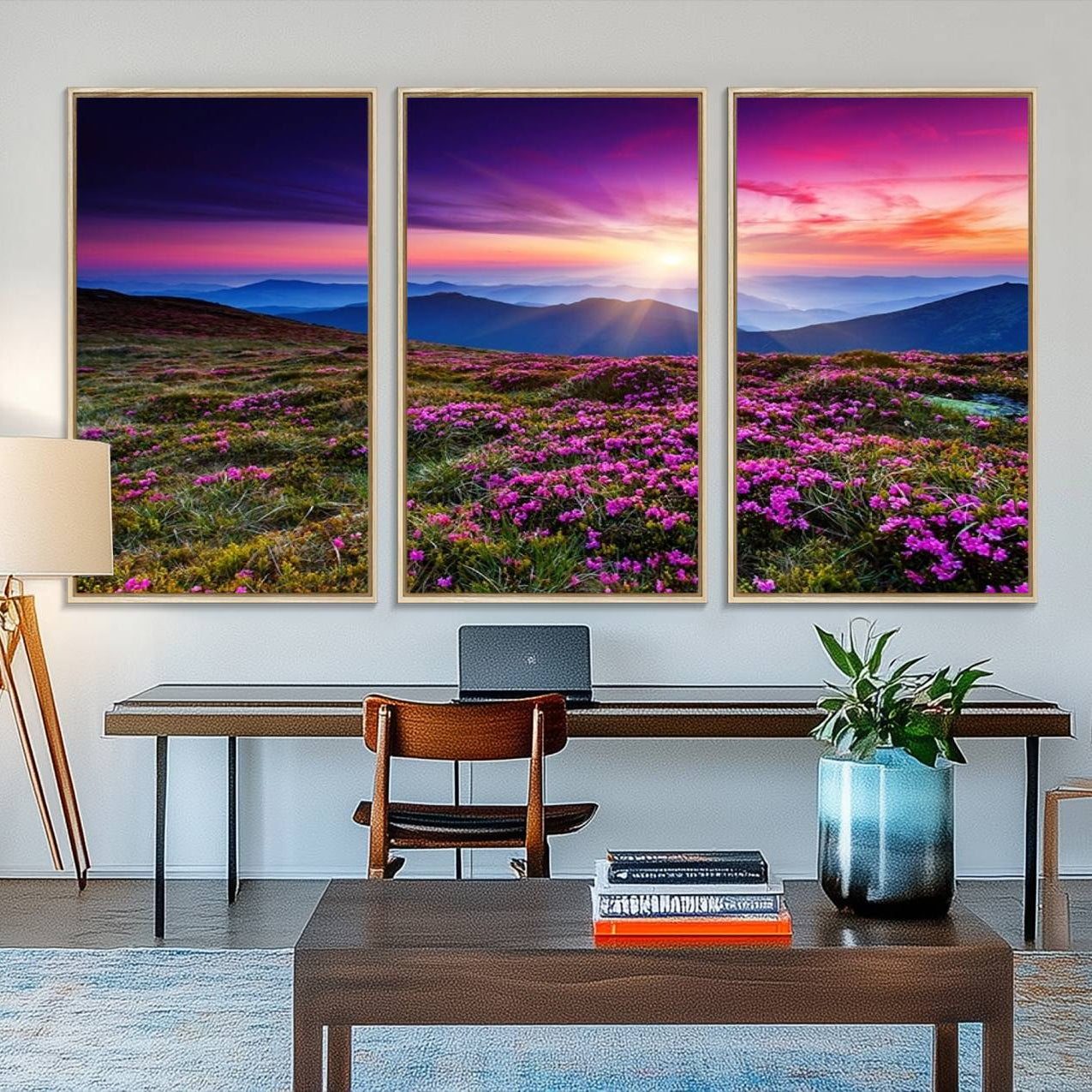 89378-MGV-FC-48X32-3P_Natural-Sunset Over Mountain Meadows With Purple Wildflowers Wall Art Canvas Print | 3-Panel Landscape