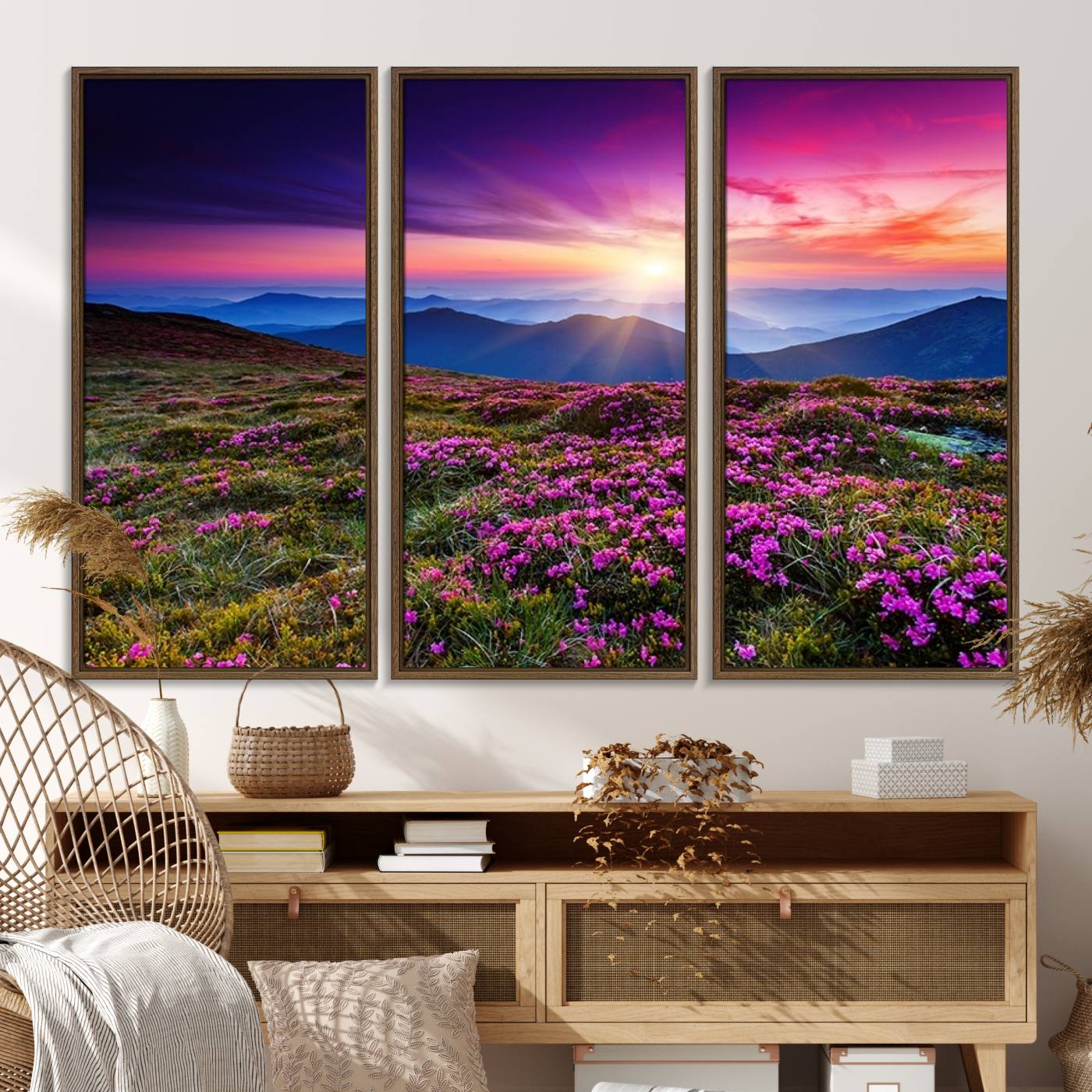 89378-MGV-FC-48X32-3P_Walnut-Sunset Over Mountain Meadows With Purple Wildflowers Wall Art Canvas Print | 3-Panel Landscape