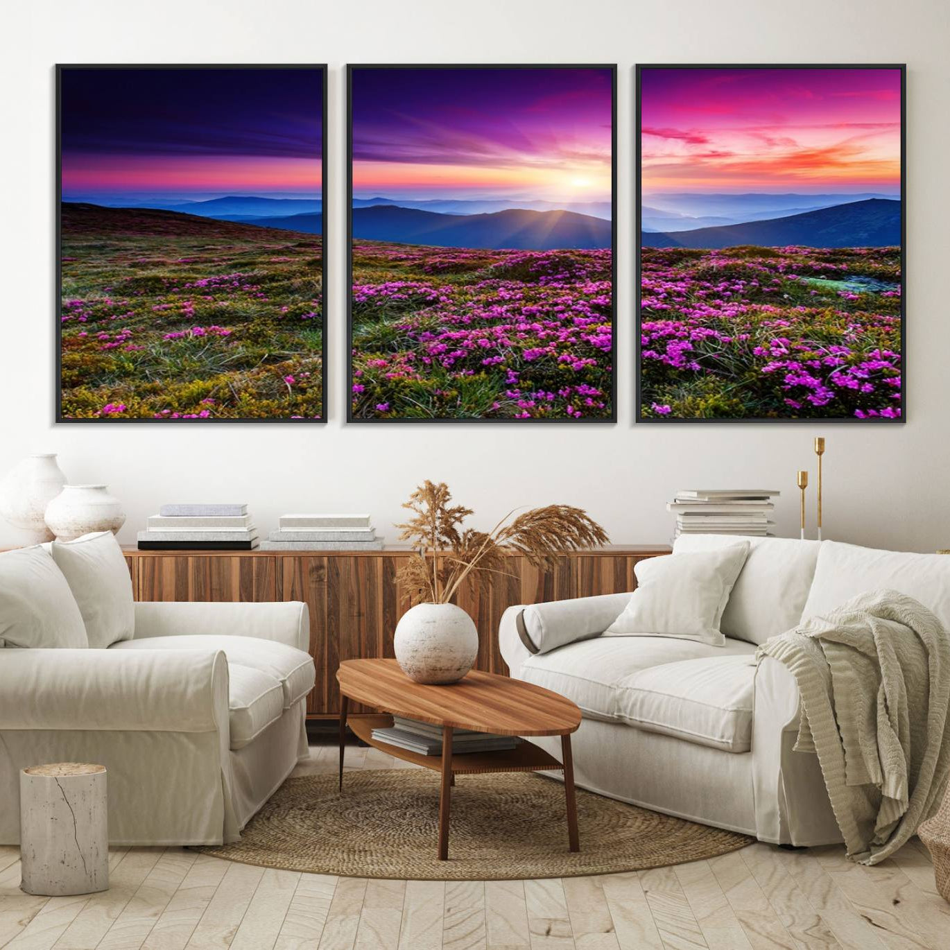 89378-MGV-FC-60X30-3P_Black-Sunset Over Mountain Meadows With Purple Wildflowers Wall Art Canvas Print | 3-Panel Landscape