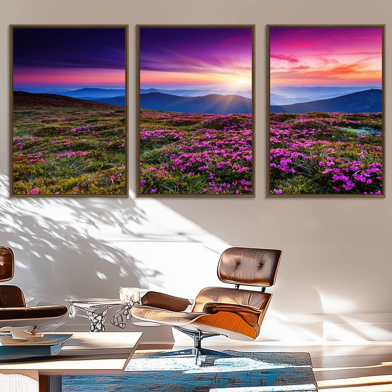 89378-MGV-FC-60X30-3P_Walnut-Sunset Over Mountain Meadows With Purple Wildflowers Wall Art Canvas Print | 3-Panel Landscape