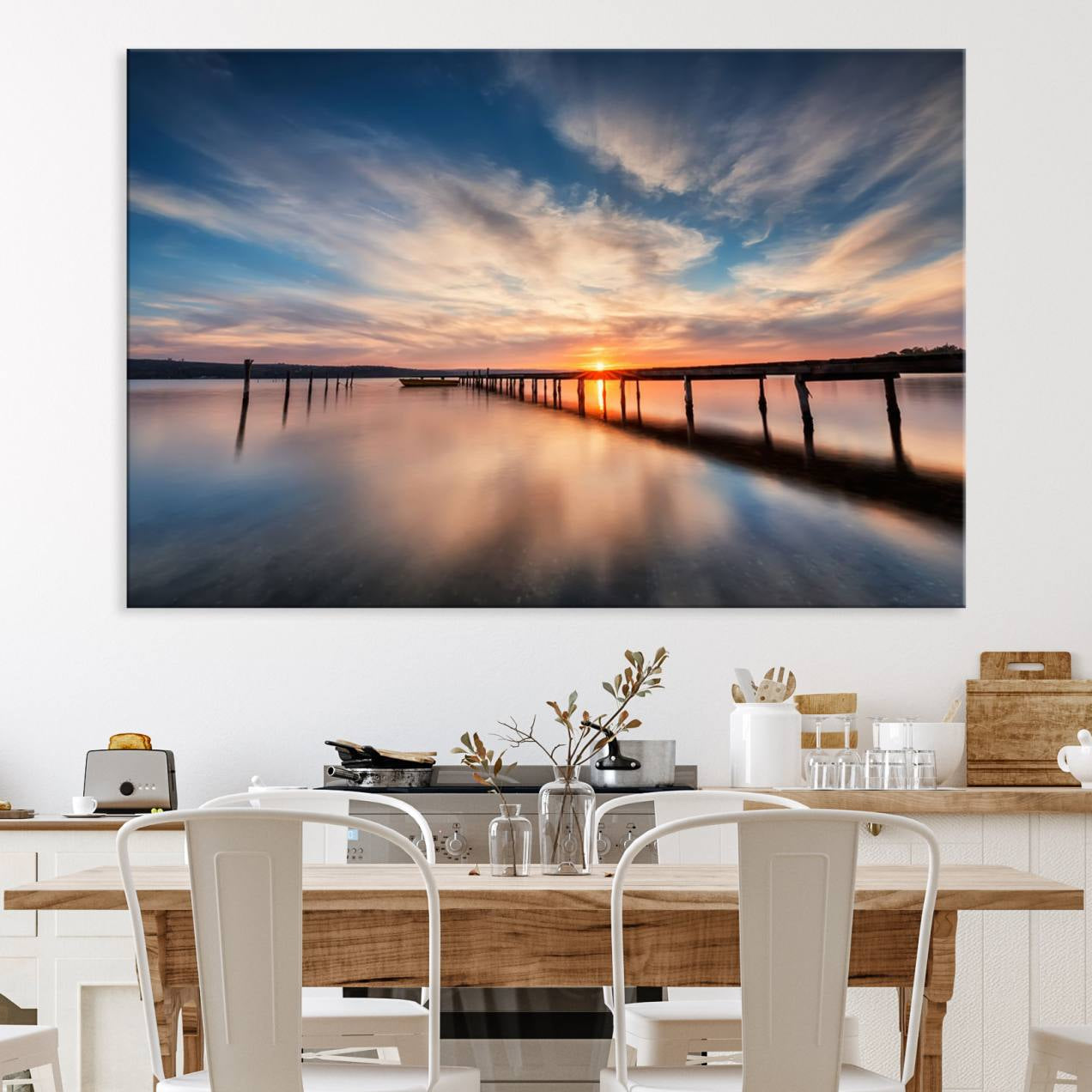-Sunset Pier Giclee Canvas Wall Art – Serene Coastal Landscape for Modern Home Decor, Large