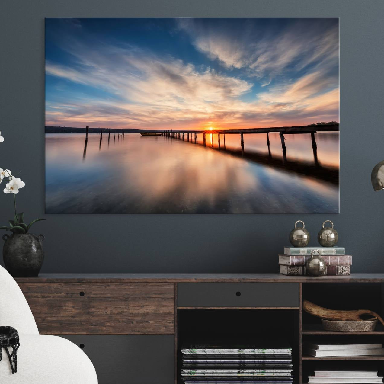 11855-MGV-CV-36X24-Sunset Pier Giclee Canvas Wall Art – Serene Coastal Landscape for Modern Home Decor, Large
