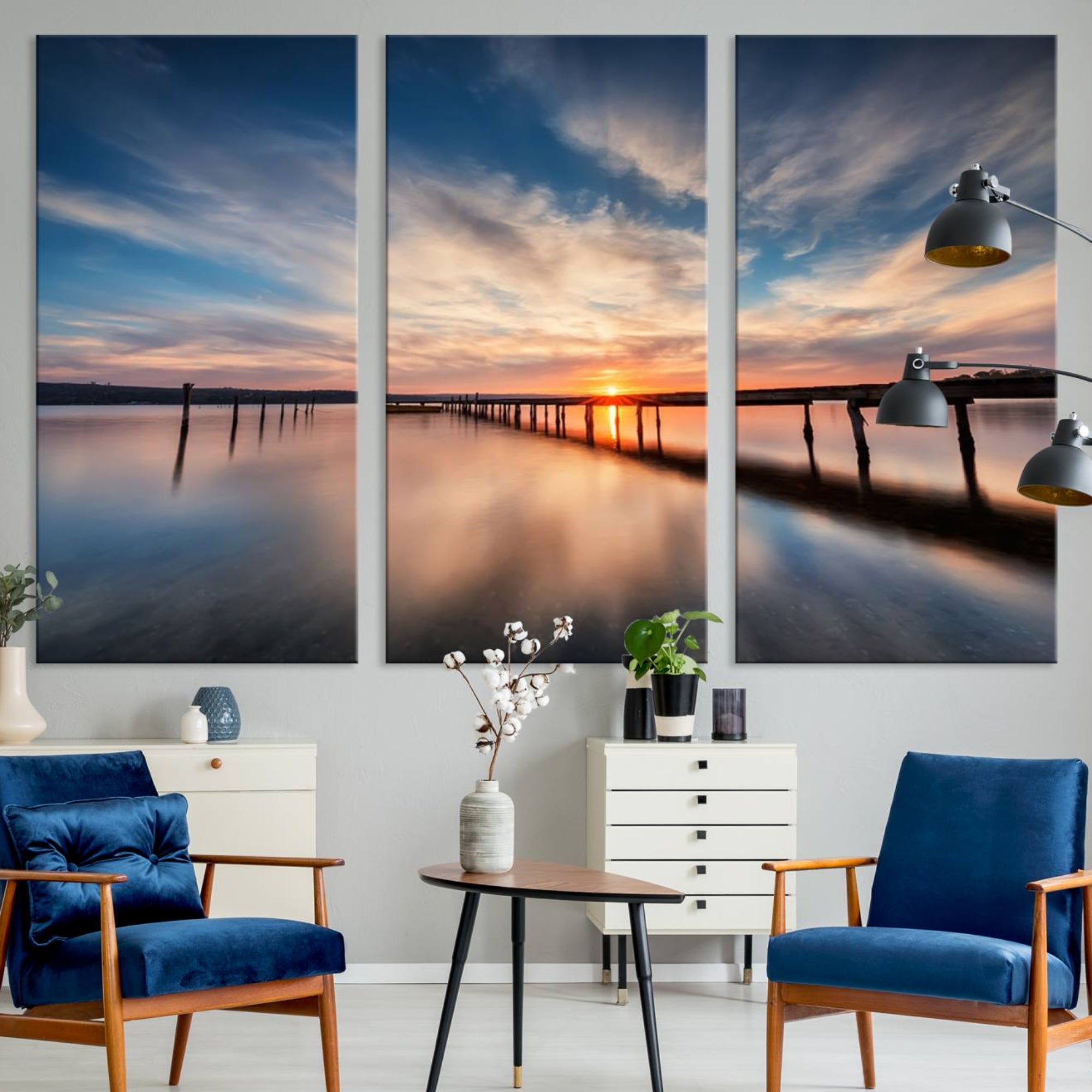 11855-MGV-CV-36X24-Sunset Pier Giclee Canvas Wall Art – Serene Coastal Landscape for Modern Home Decor, Large