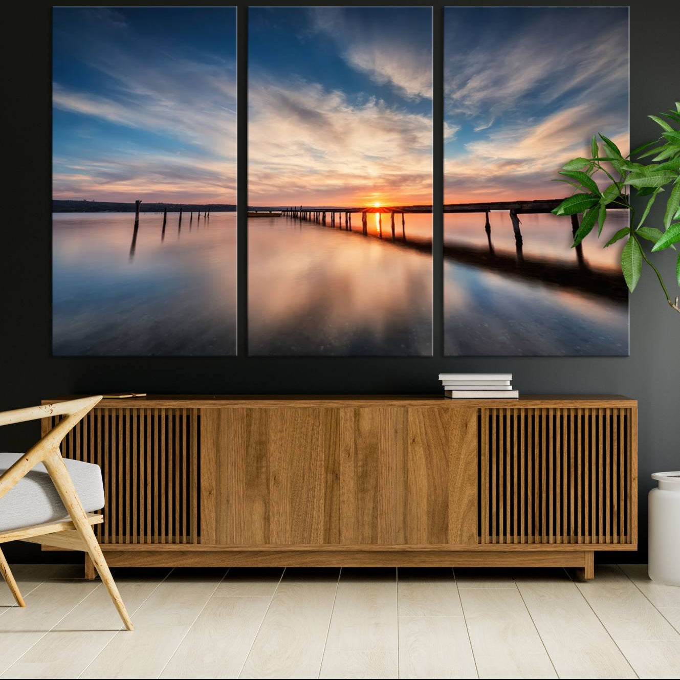 -Sunset Pier Giclee Canvas Wall Art – Serene Coastal Landscape for Modern Home Decor, Large