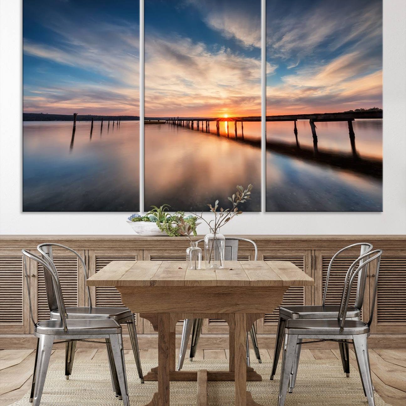 -Sunset Pier Giclee Canvas Wall Art – Serene Coastal Landscape for Modern Home Decor, Large