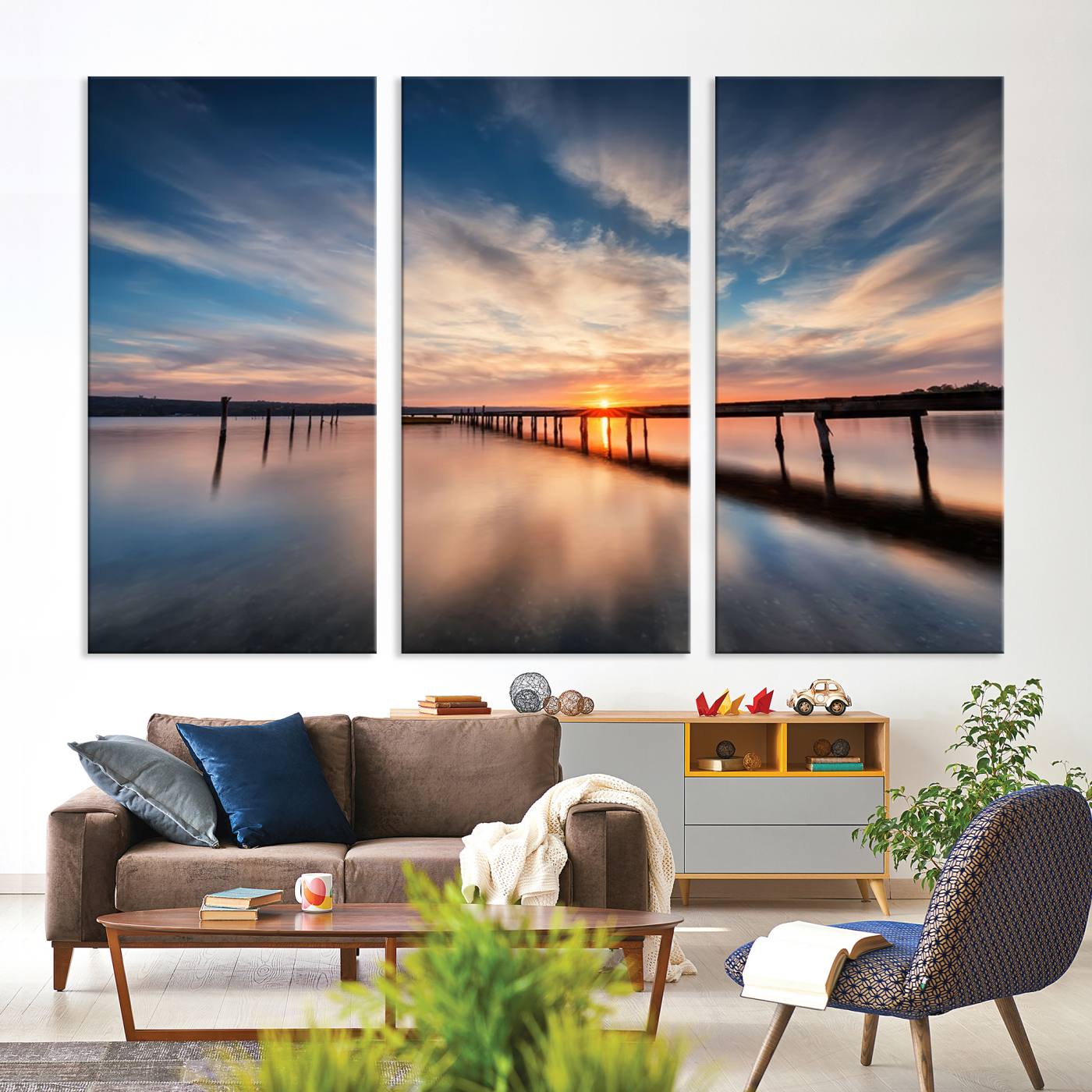 -Sunset Pier Giclee Canvas Wall Art – Serene Coastal Landscape for Modern Home Decor, Large