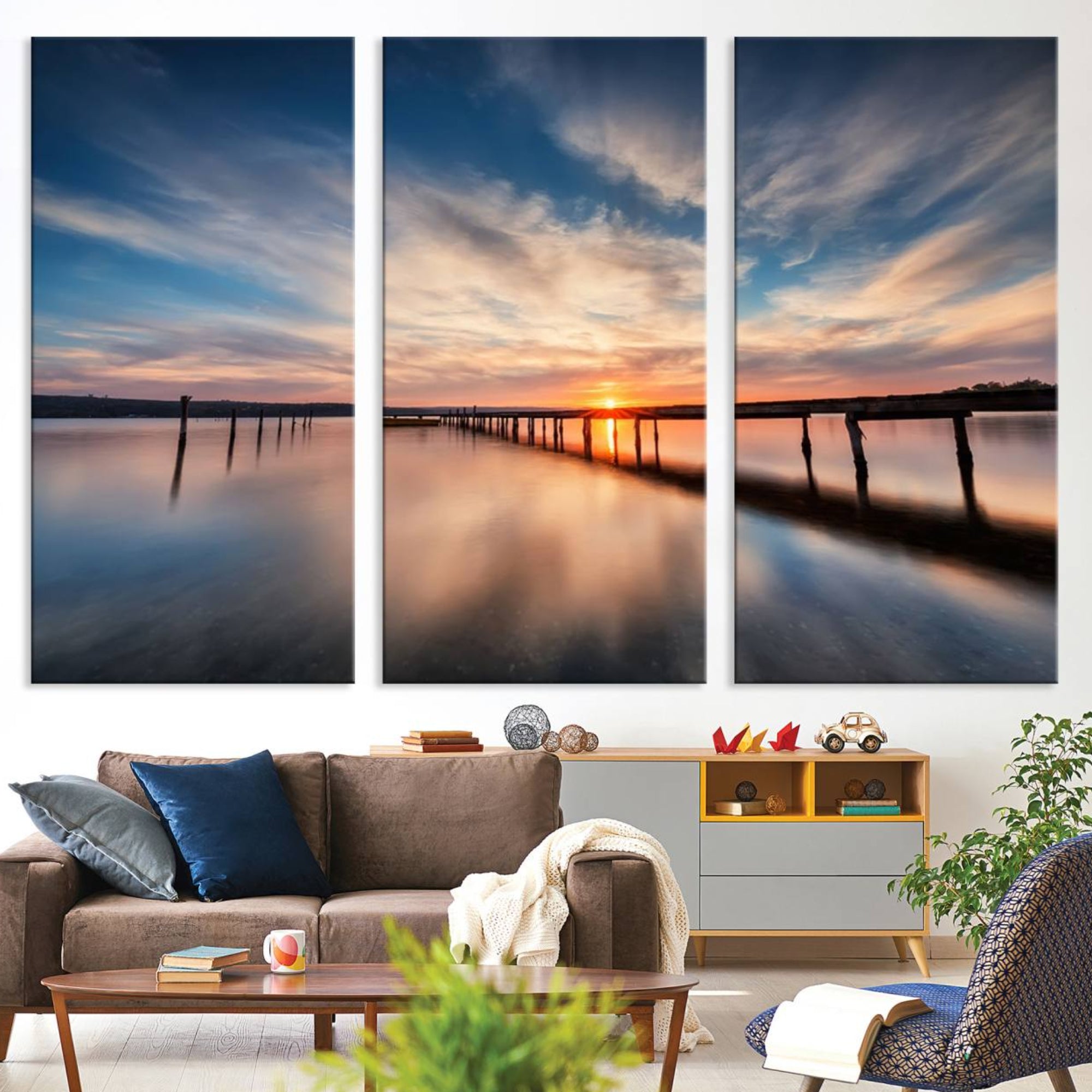 11855-MGV-CV-36X24-Sunset Pier Giclee Canvas Wall Art – Serene Coastal Landscape for Modern Home Decor, Large
