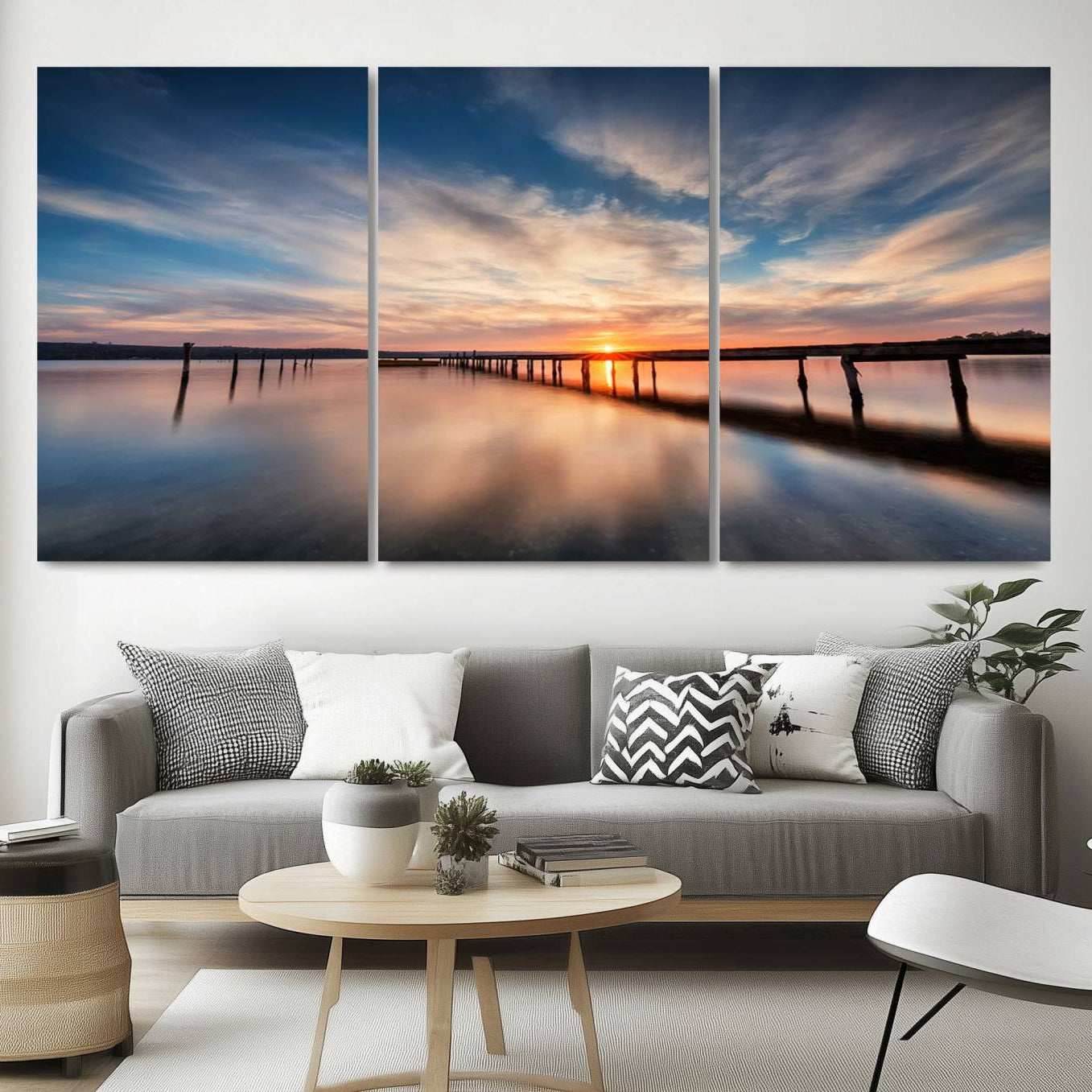 -Sunset Pier Giclee Canvas Wall Art – Serene Coastal Landscape for Modern Home Decor, Large