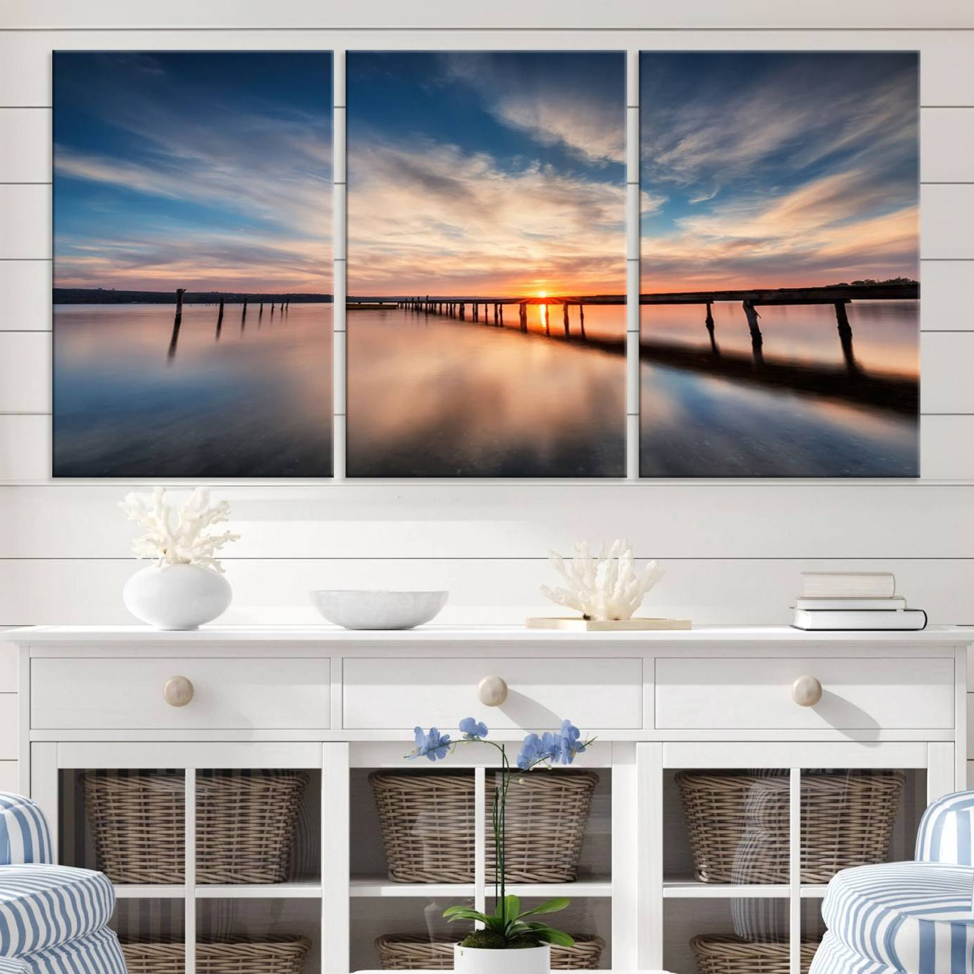 -Sunset Pier Giclee Canvas Wall Art – Serene Coastal Landscape for Modern Home Decor, Large