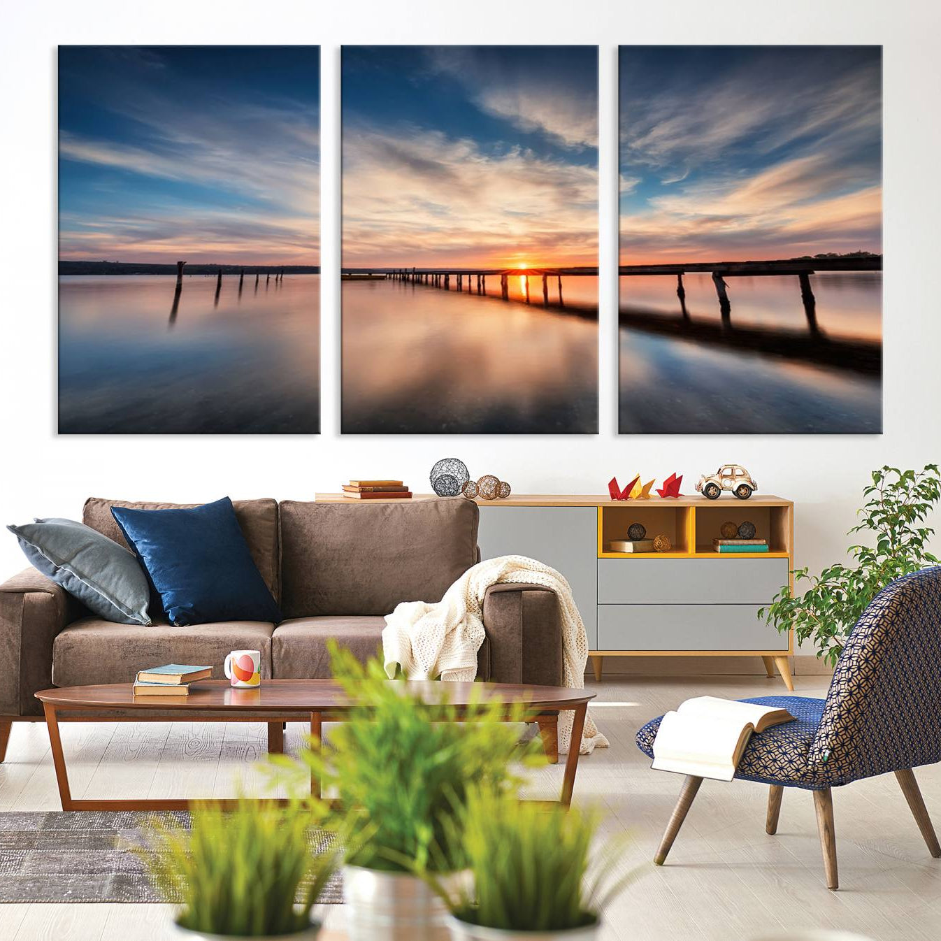 -Sunset Pier Giclee Canvas Wall Art – Serene Coastal Landscape for Modern Home Decor, Large