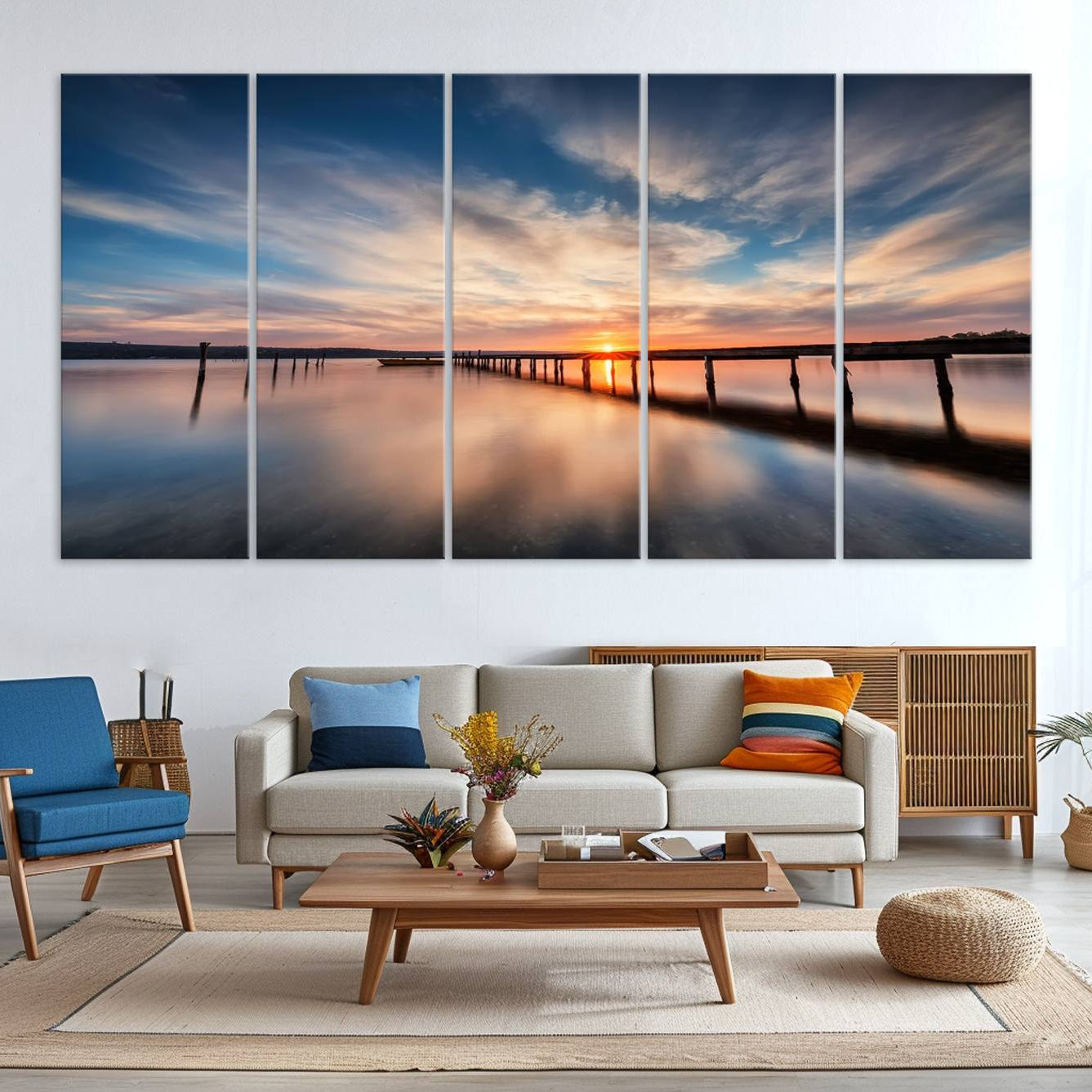-Sunset Pier Giclee Canvas Wall Art – Serene Coastal Landscape for Modern Home Decor, Large
