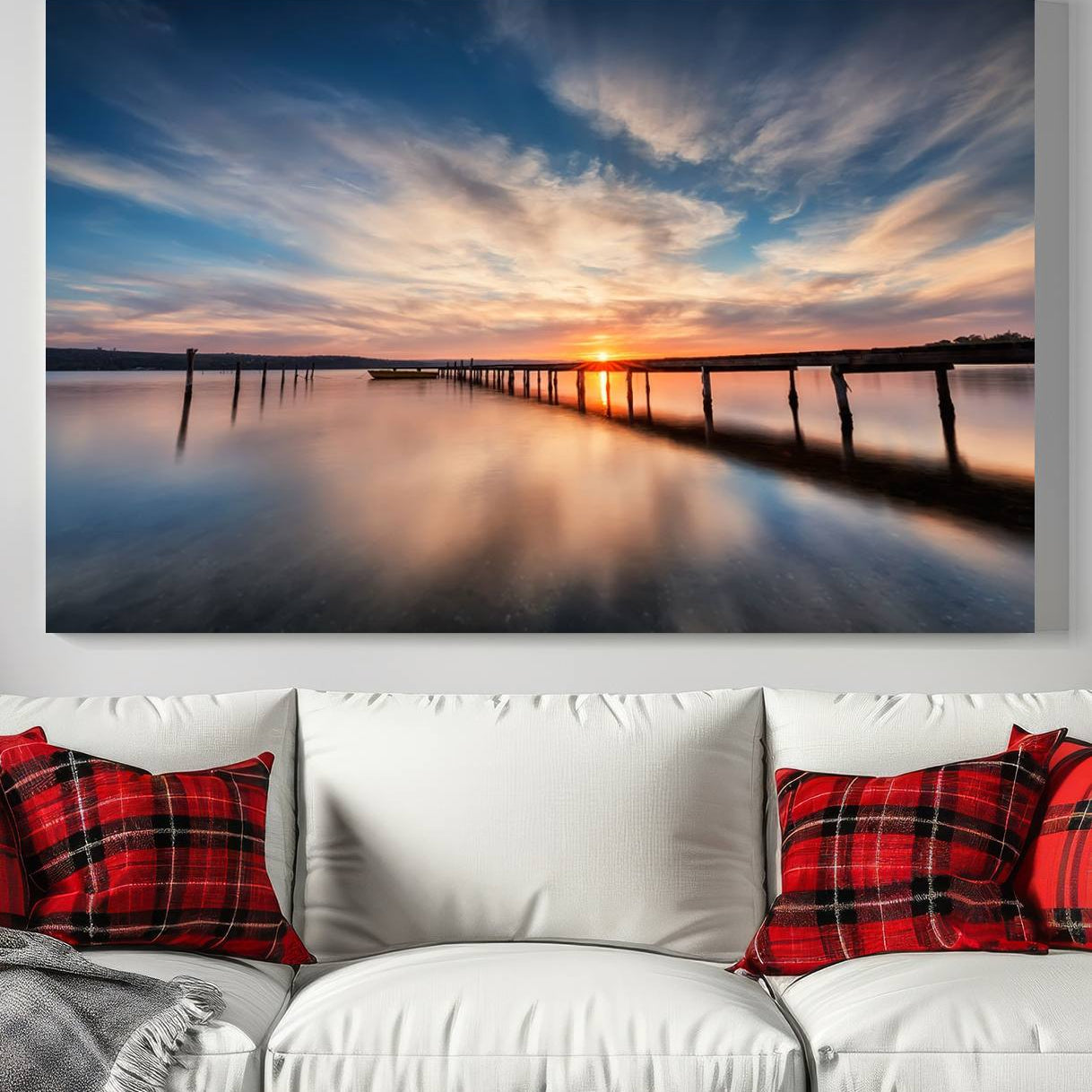 -Sunset Pier Giclee Canvas Wall Art – Serene Coastal Landscape for Modern Home Decor, Large